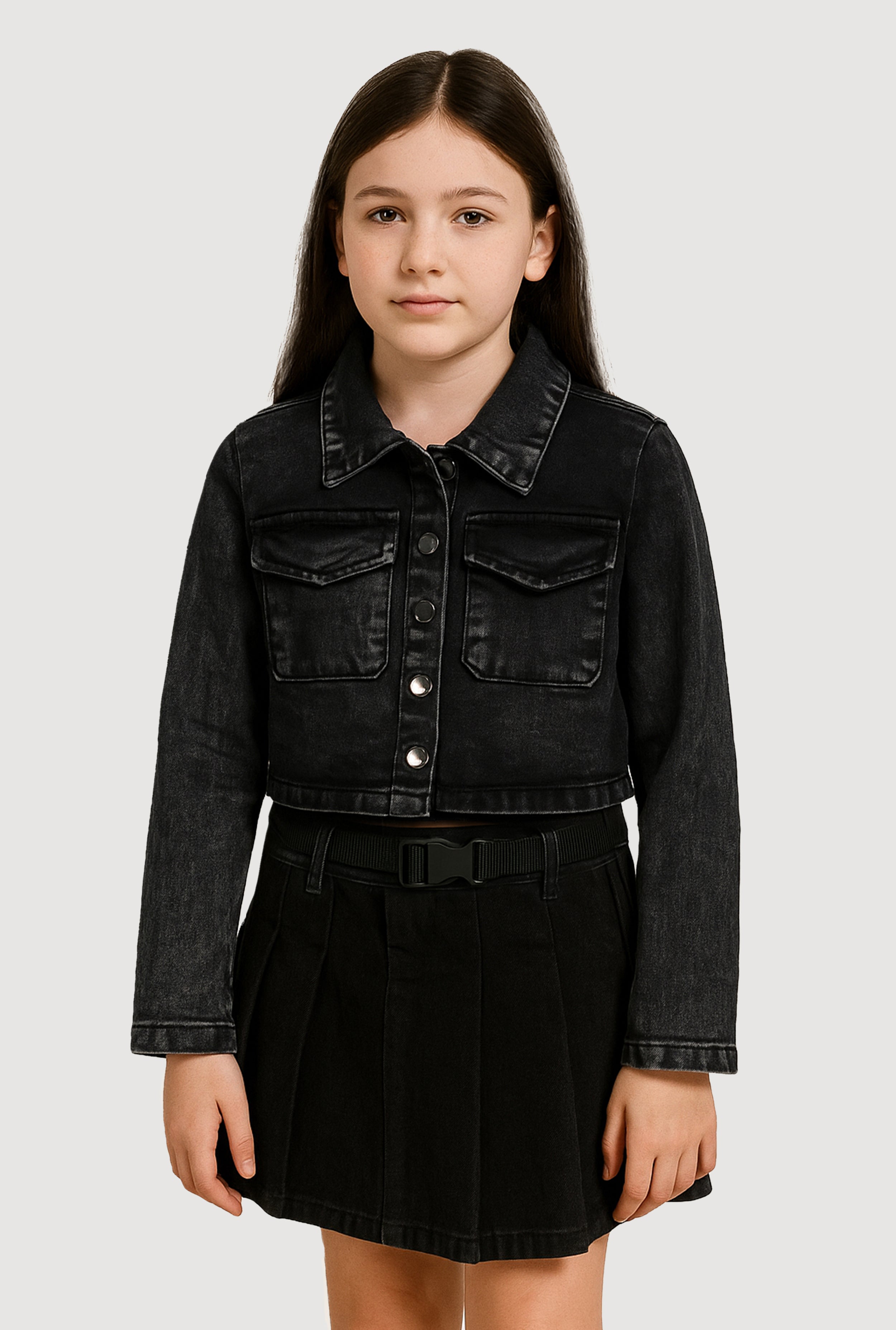 Girls Acid Wash Flap Pocket Denim Jacket