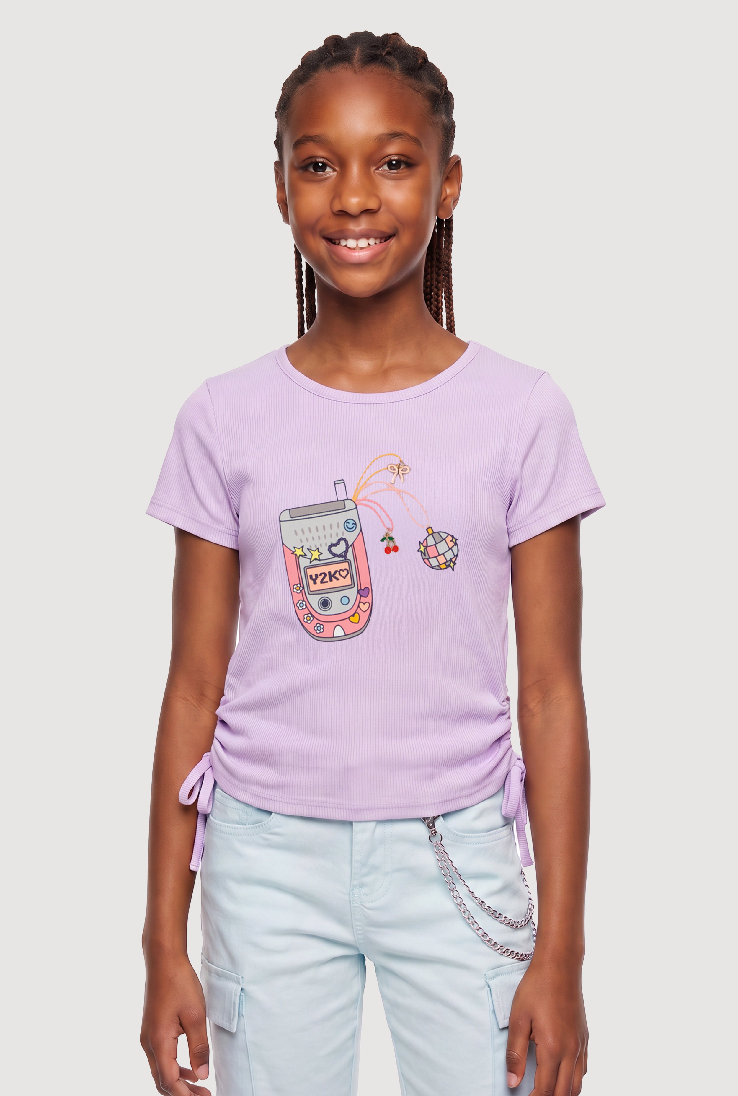 Girls Y2K Flip Phone Graphic Charm Detail Tee