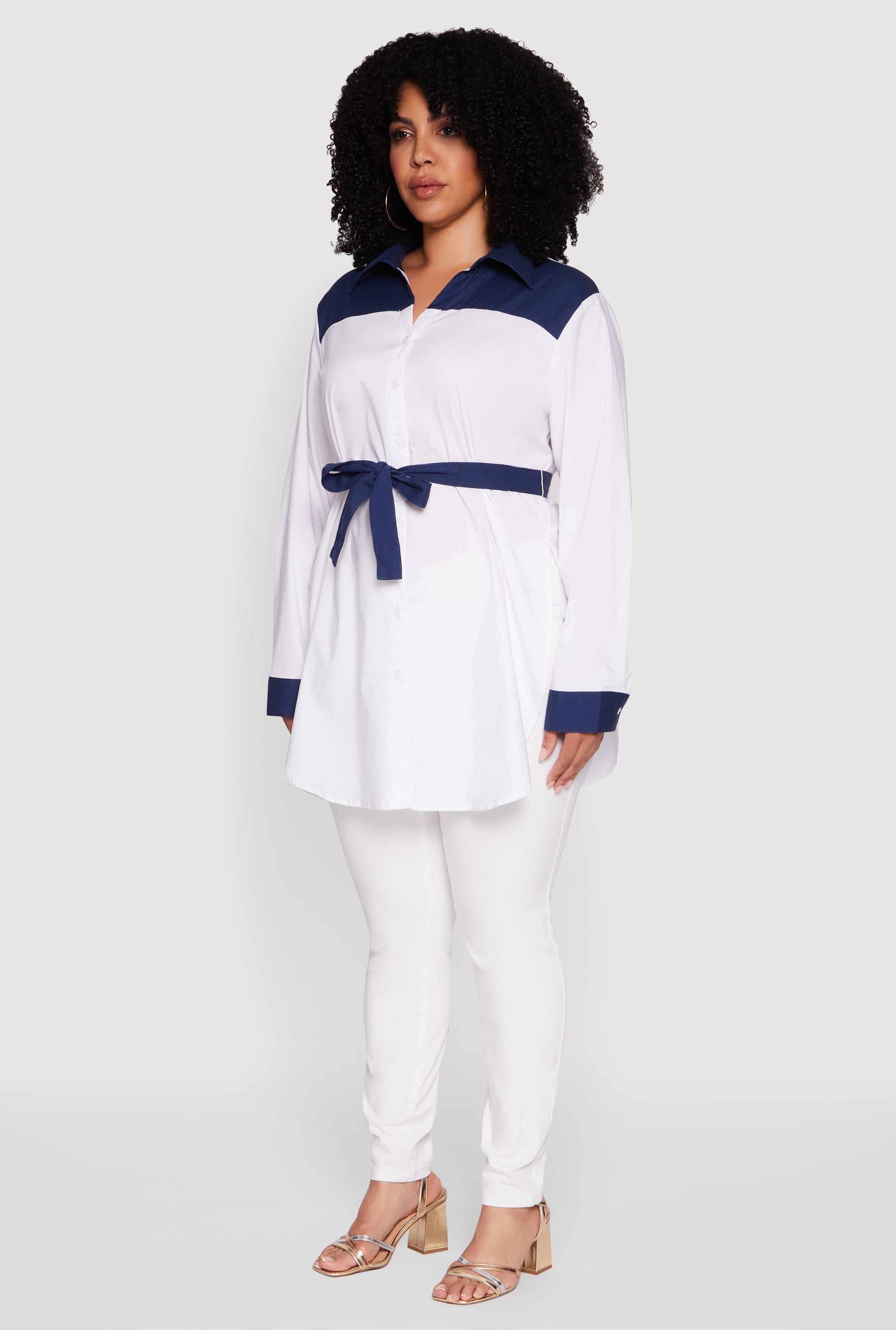Plus Size Color Blocked Tie Waist Belted Tunic Shirt