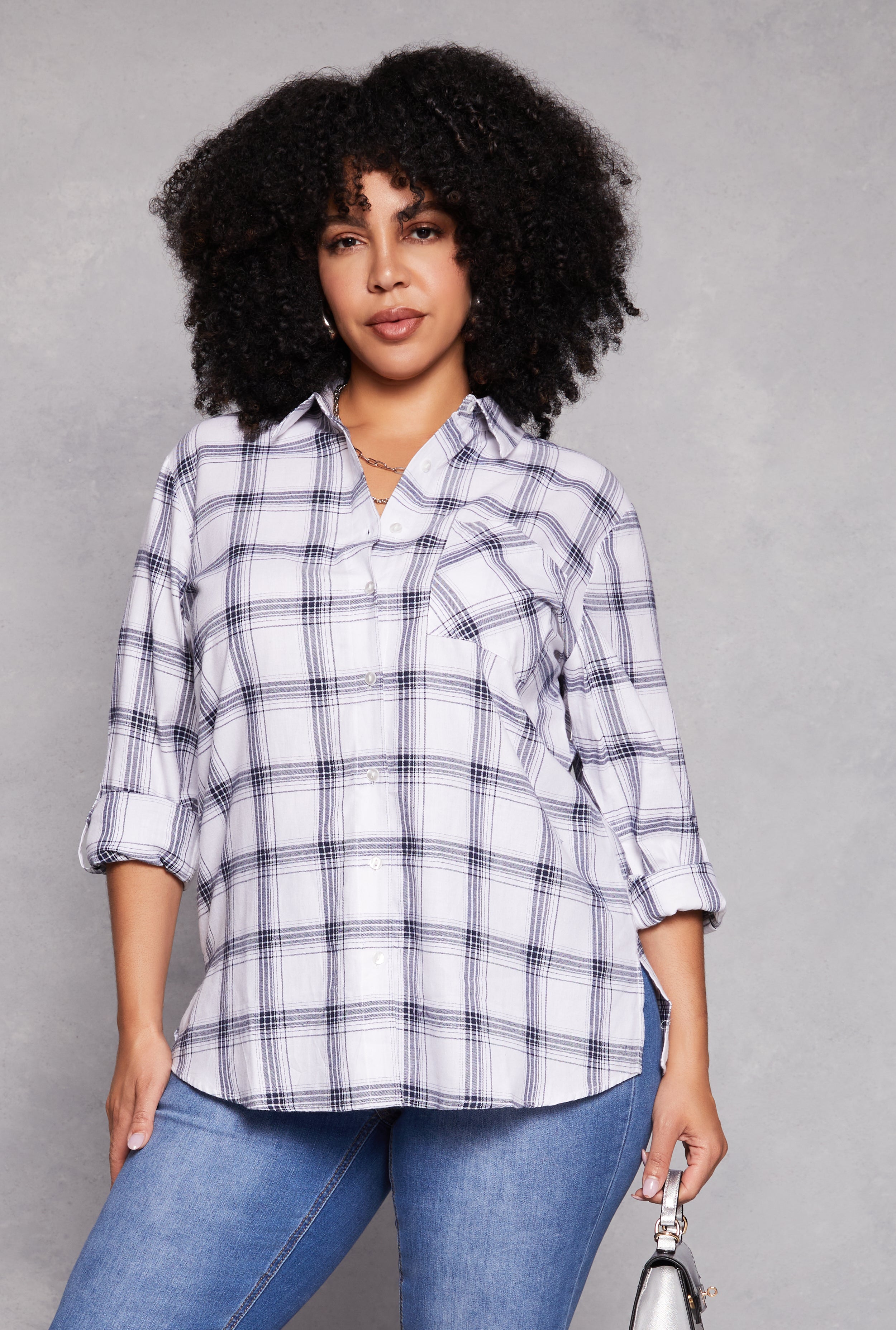 Plus Size Lurex Plaid Tabbed Sleeve Shirt