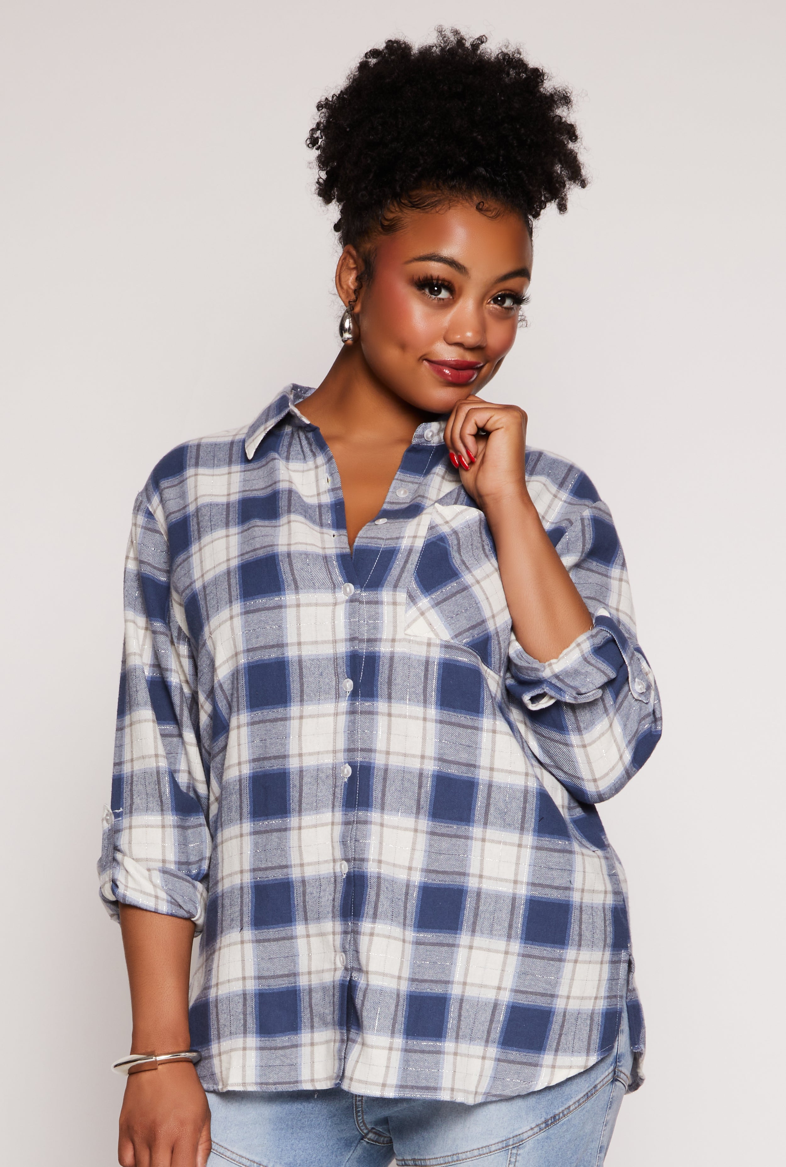 Plus Size Lurex Plaid Tabbed Sleeve Shirt