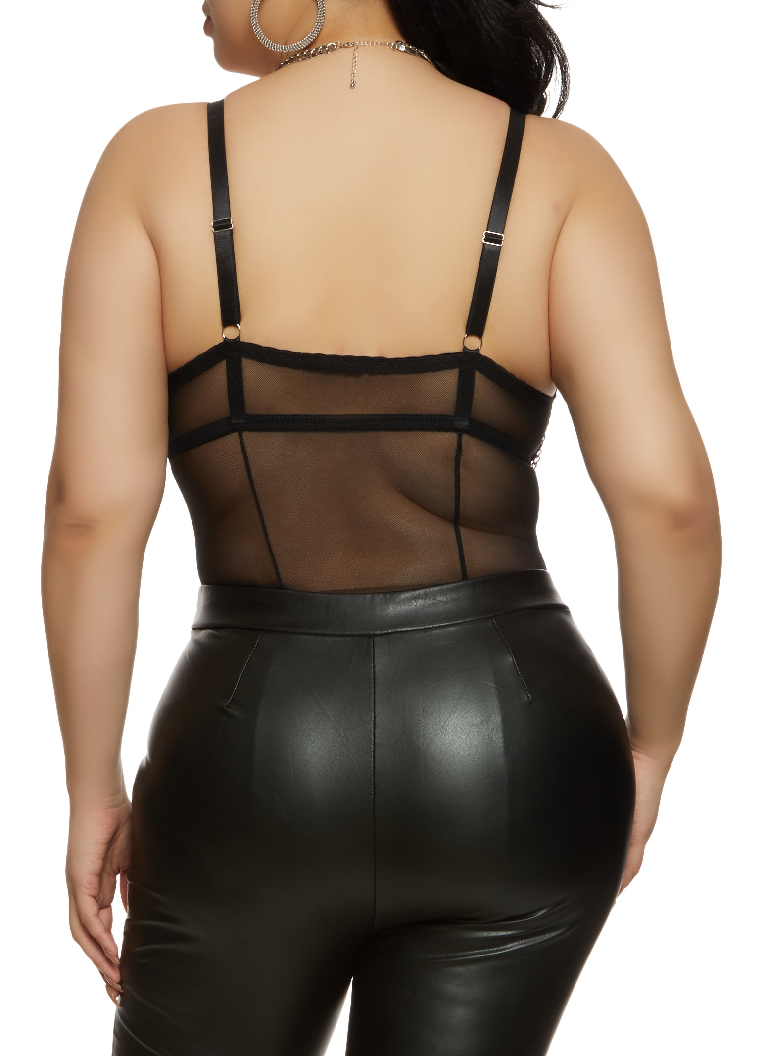Plus Size Chain Detail Mesh Corset Bodysuit - Black