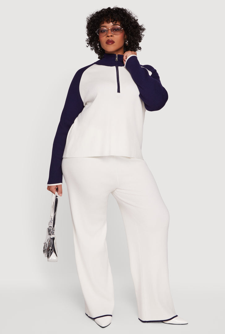 Plus Size Rib Knit Pull On High Waisted Wide Leg Pants