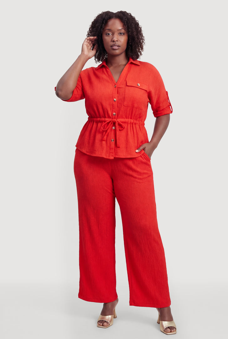 red plus size dress pants The Denise High Rise Wide-Leg Content + Care 96% Polyester 4% Spandex Machine wash cold Model Measurement Plus Size Red V Neck