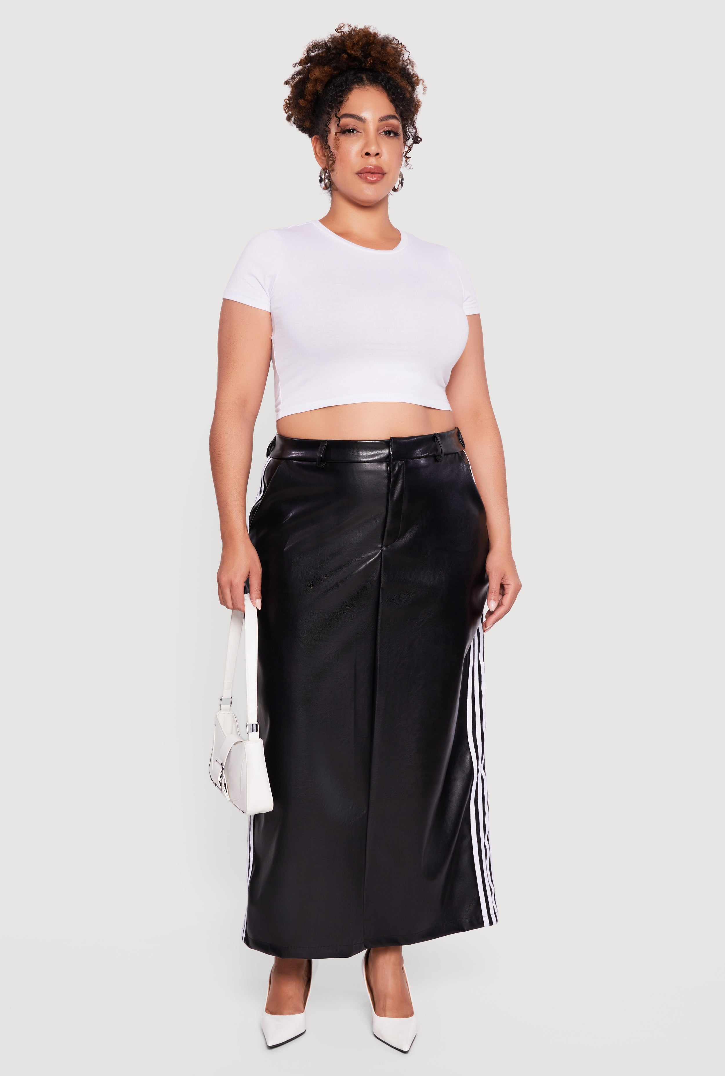 Plus Size Faux Leather Maxi Skirt with Side Stripes