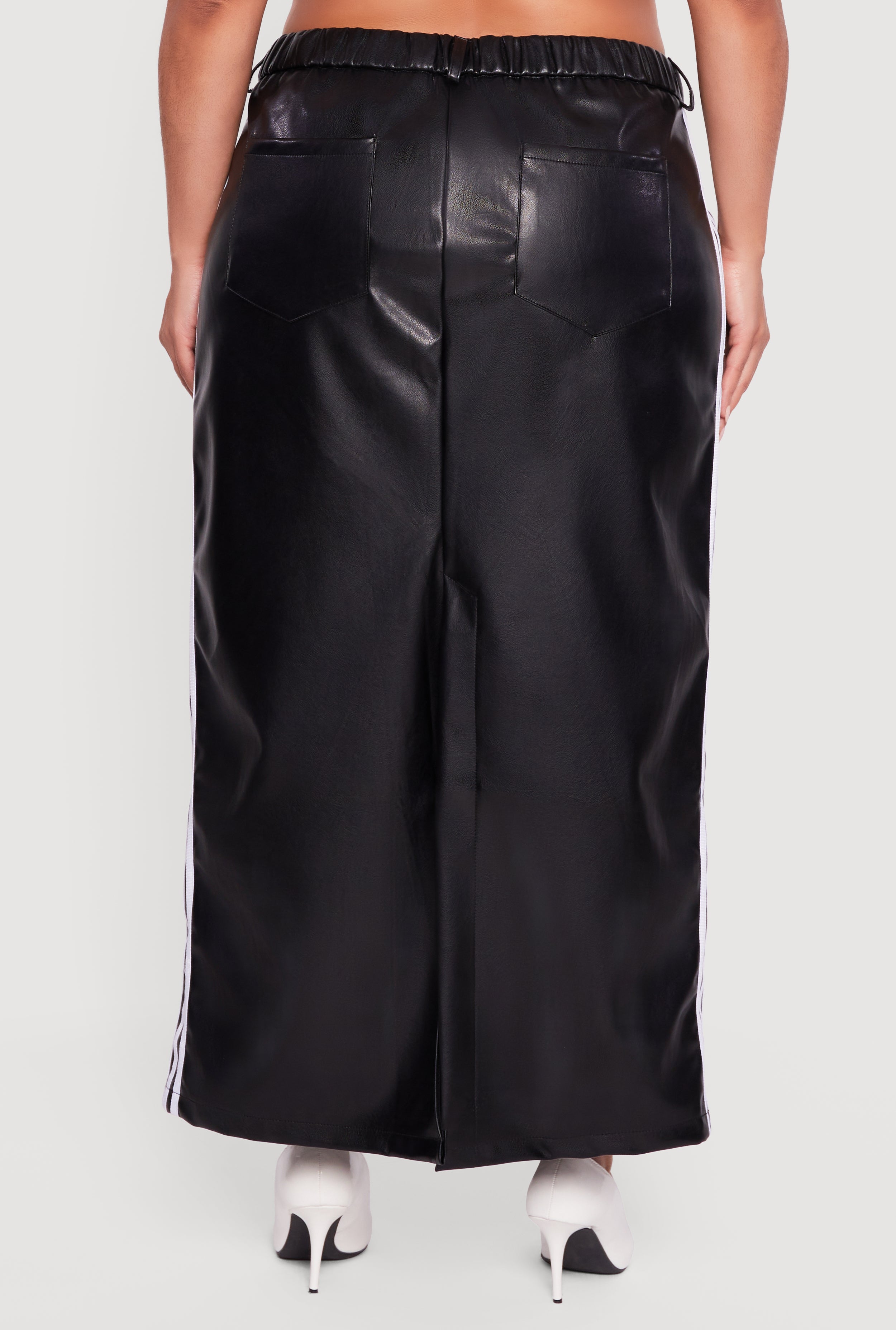 Plus Size Faux Leather Maxi Skirt with Side Stripes