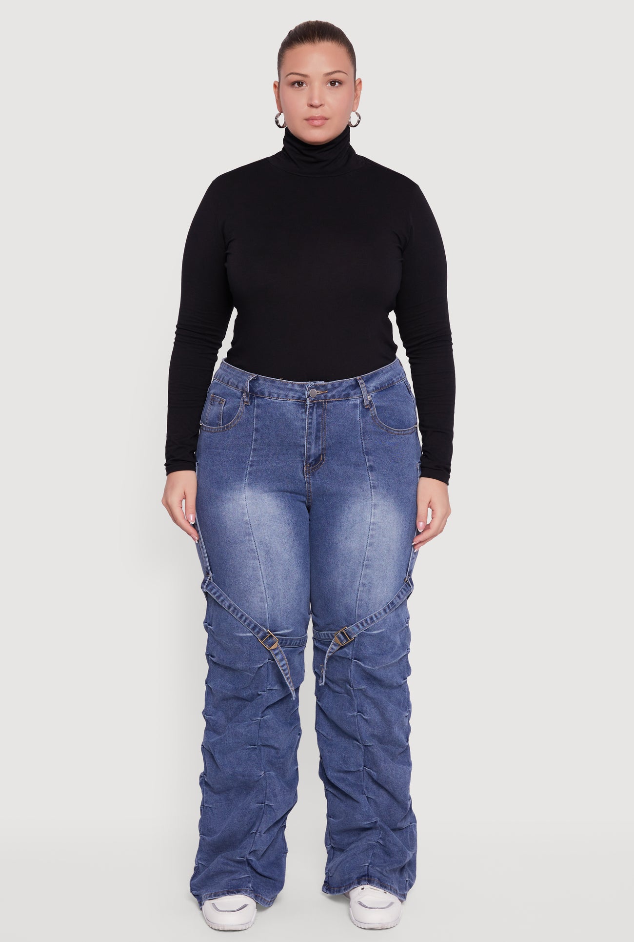 Plus Size High Waisted Wide Leg Stacked Jeans with Buckles