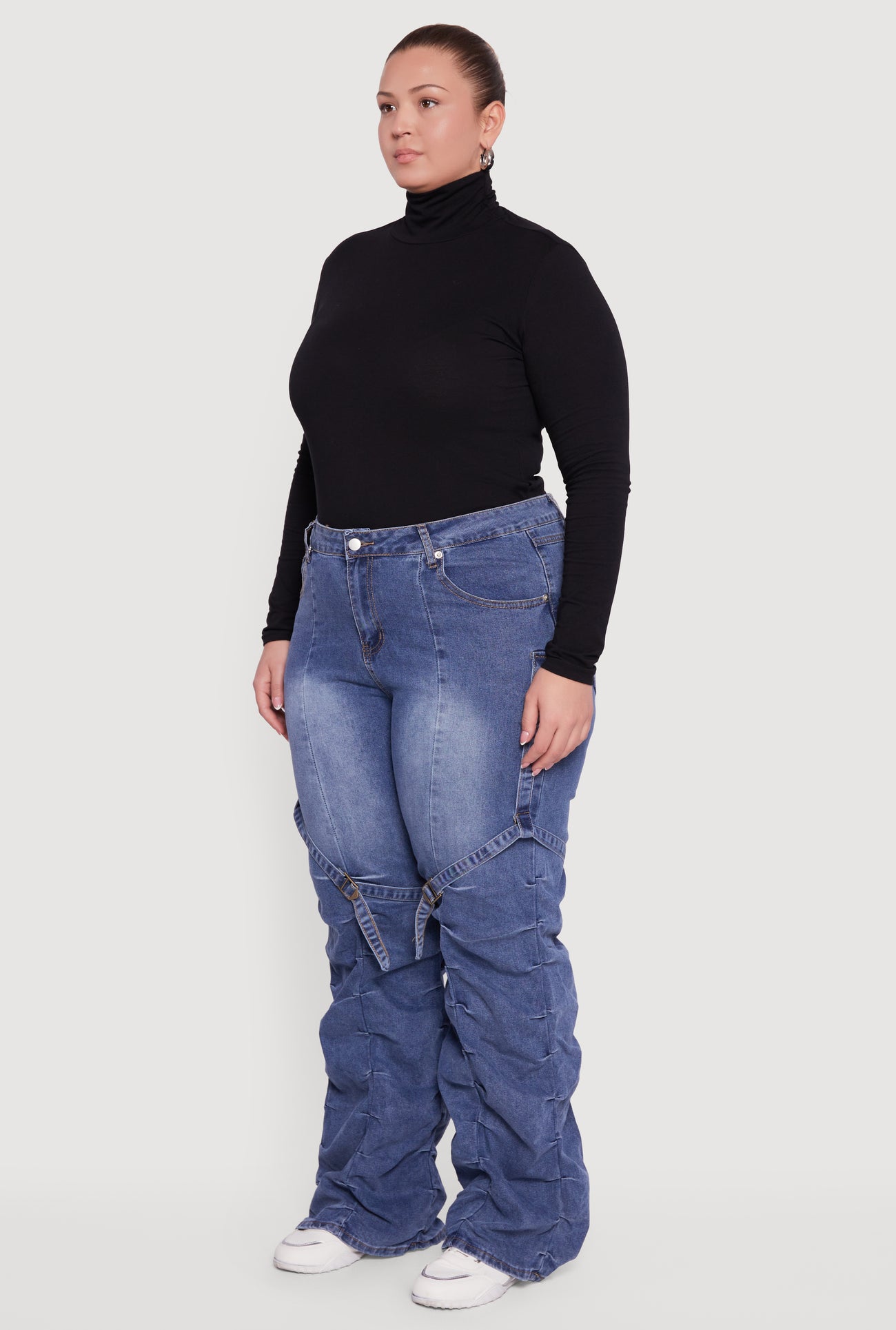 Plus Size High Waisted Wide Leg Stacked Jeans with Buckles