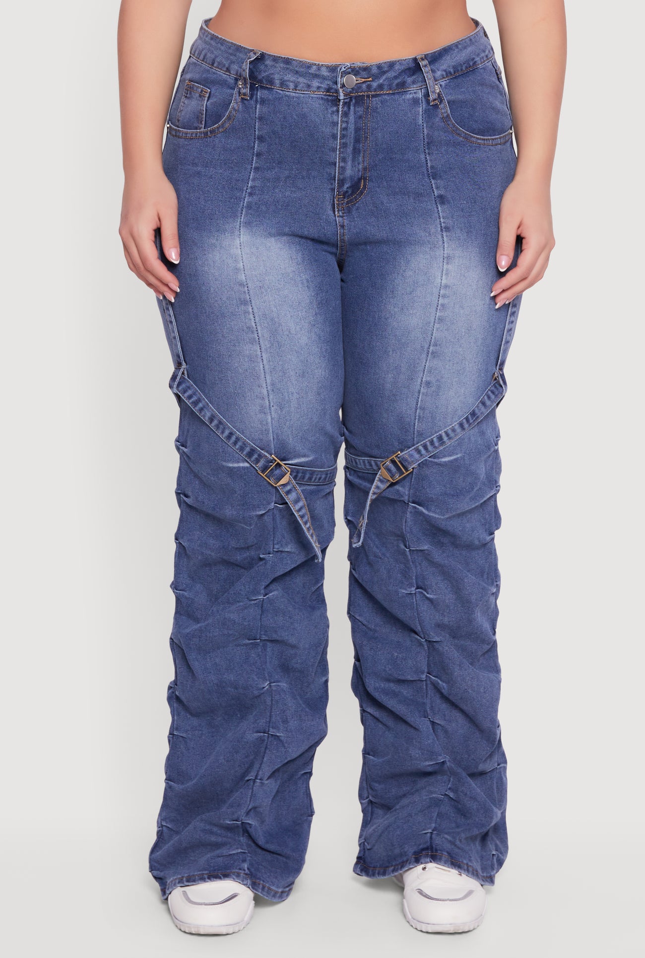 Plus Size High Waisted Wide Leg Stacked Jeans with Buckles