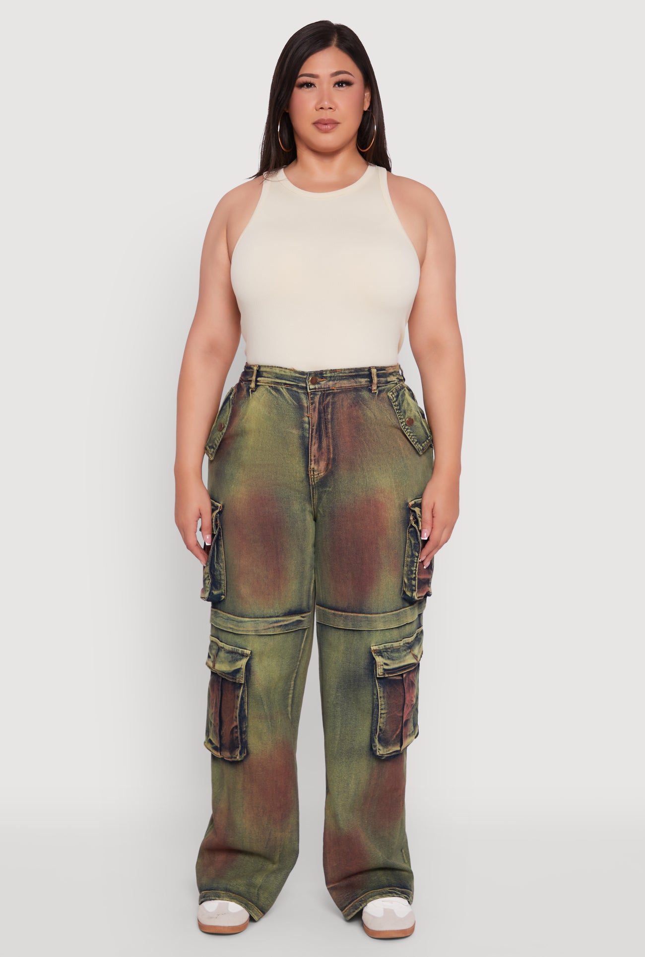 Plus Size High Waisted Wide Leg Jeans with Cargo Pockets