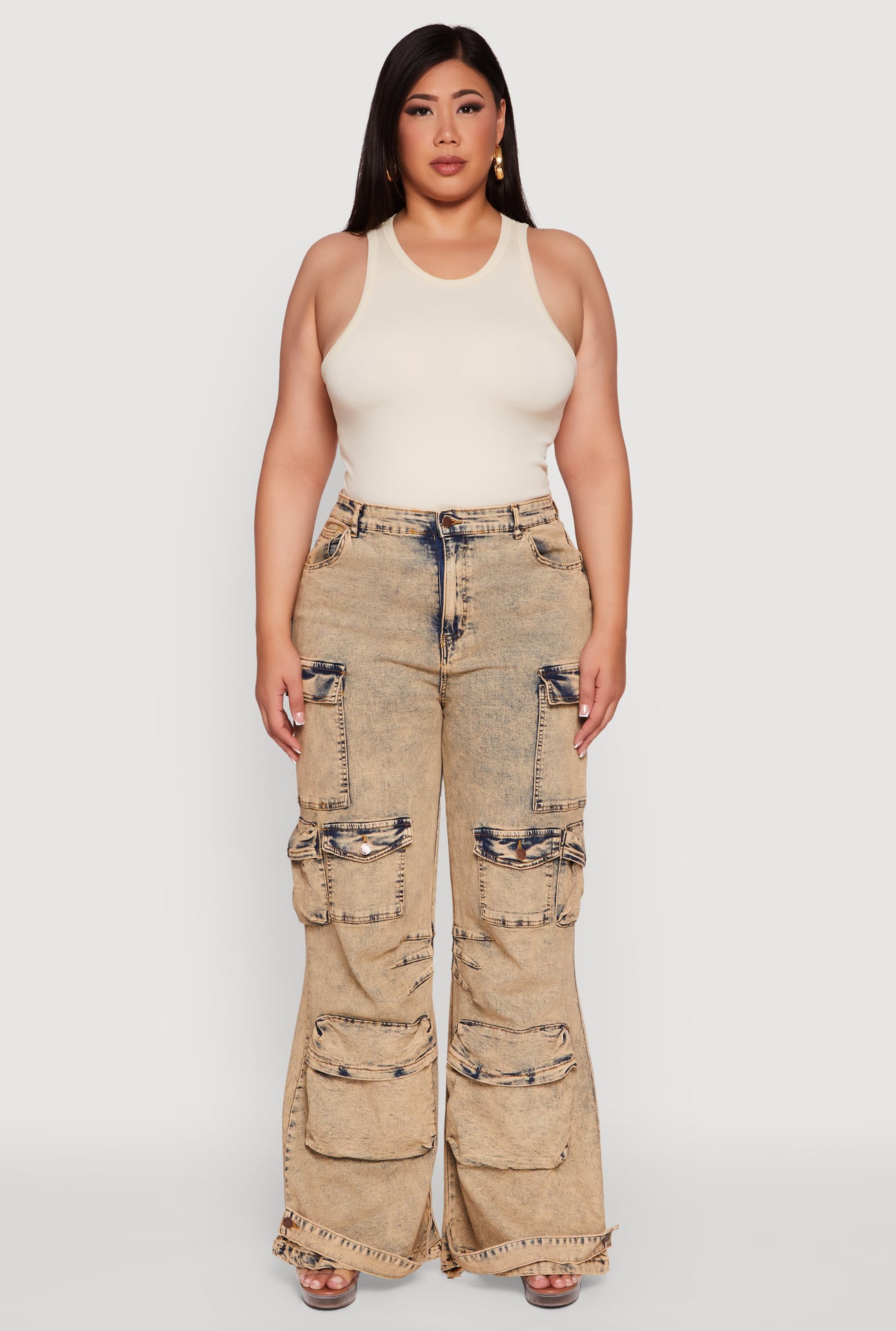 Plus Size Acid Wash High Waisted Wide Leg Utility Jeans