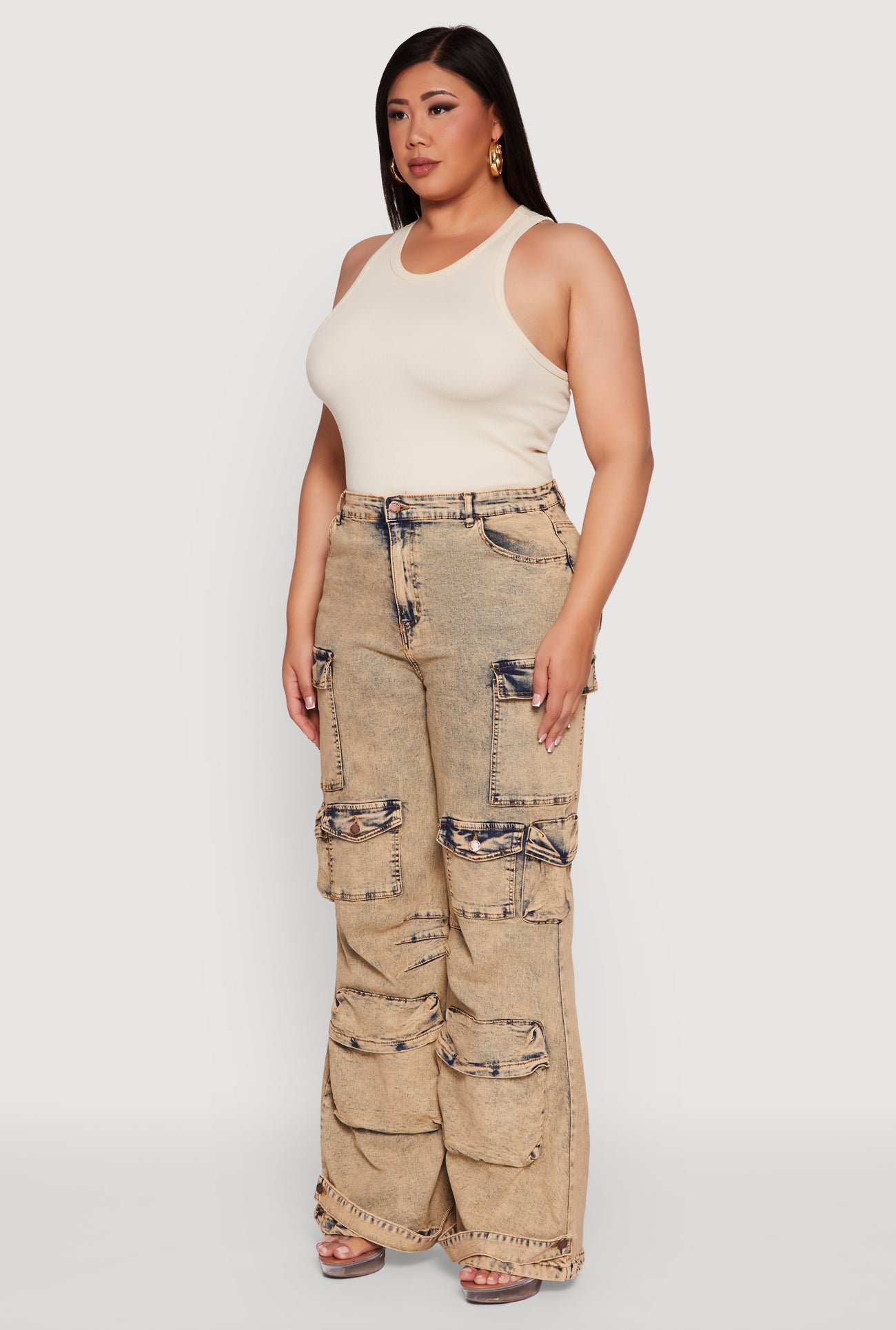 Plus Size Acid Wash High Waisted Wide Leg Utility Jeans
