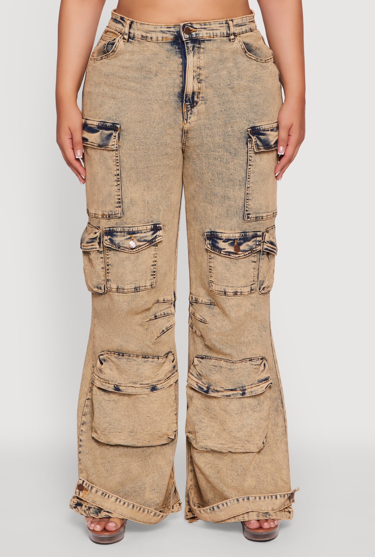 Plus Size Acid Wash High Waisted Wide Leg Utility Jeans