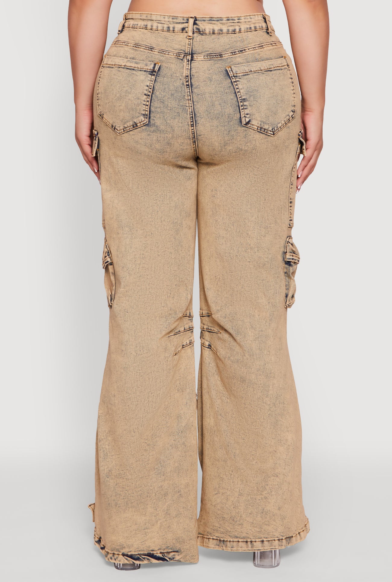 Plus Size Acid Wash High Waisted Wide Leg Utility Jeans