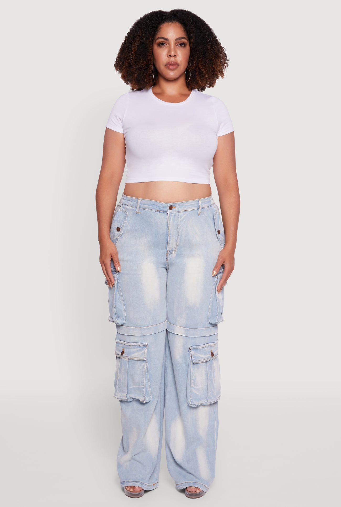 Plus Size Acid Wash Wide Leg Utility Jeans
