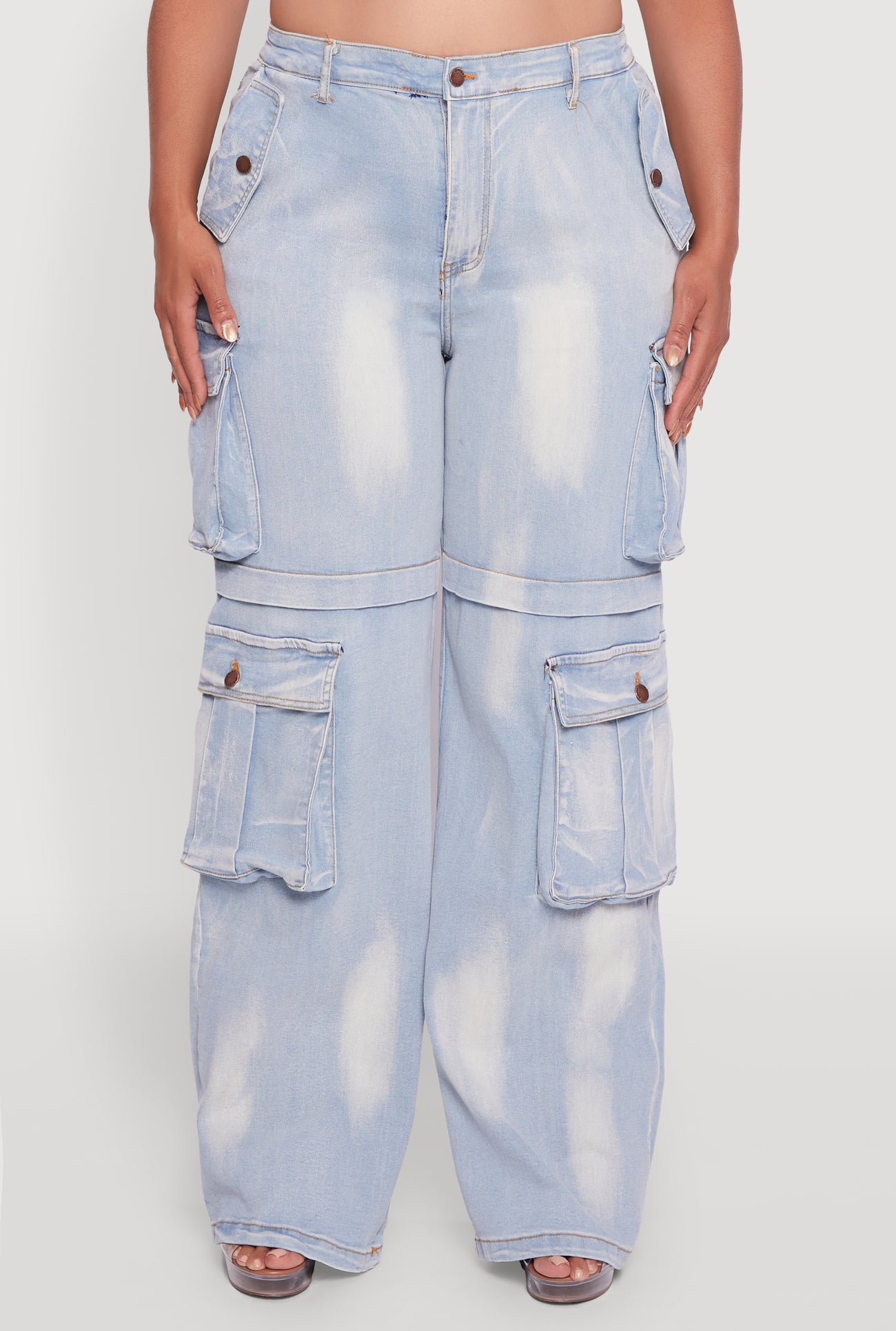 Plus Size Acid Wash Wide Leg Utility Jeans