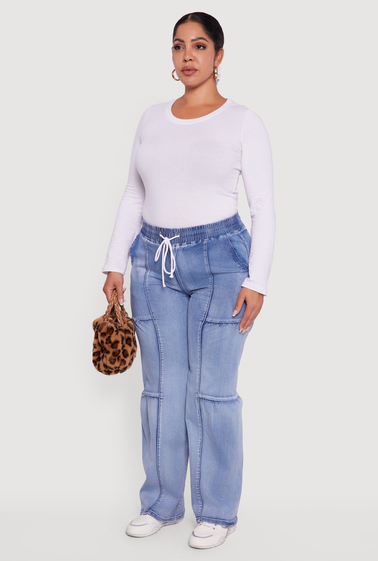 Plus Size Drawstring High Waisted Acid Wash Jeans