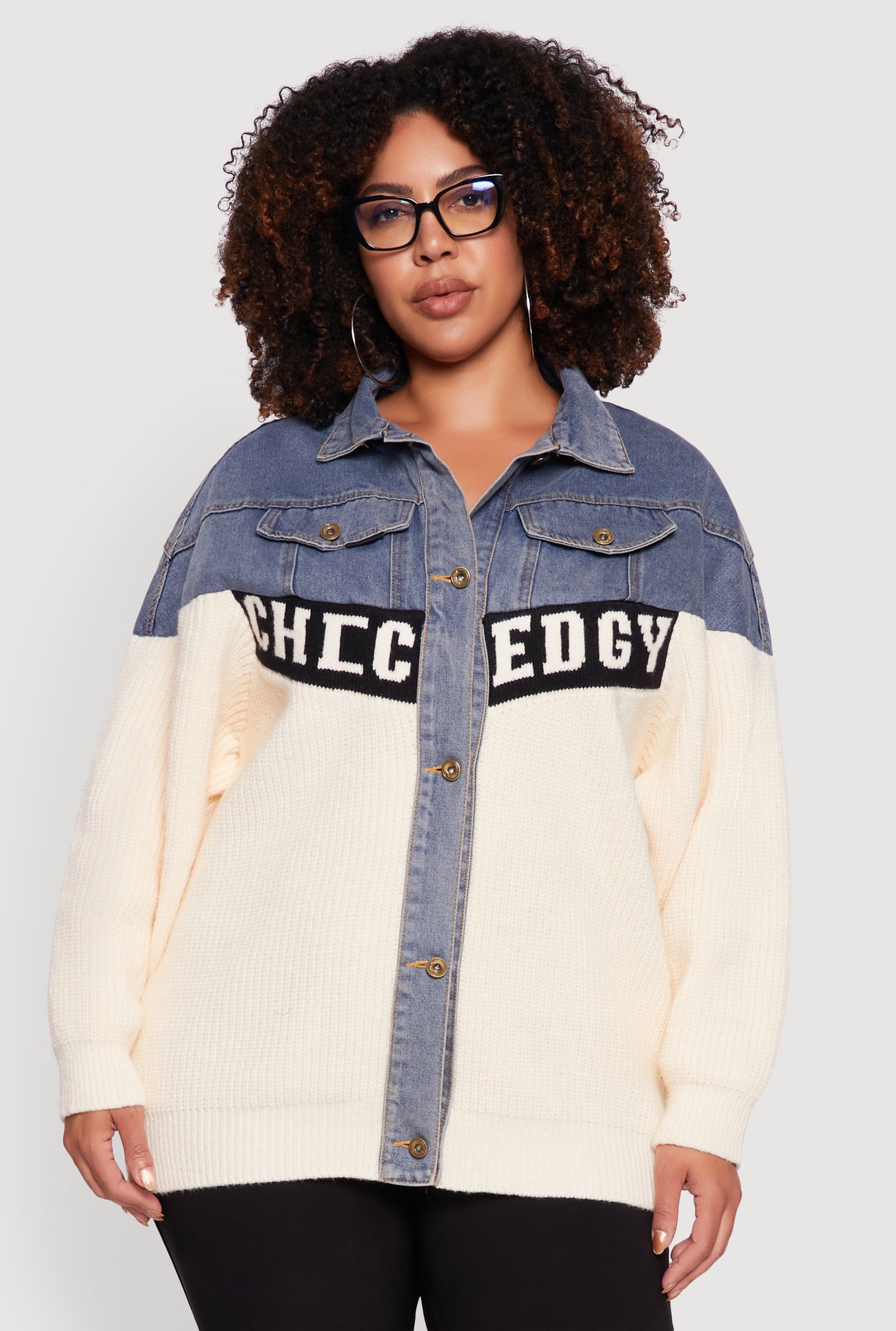Plus Size Color Block Chic Graphic Knit Denim Jacket