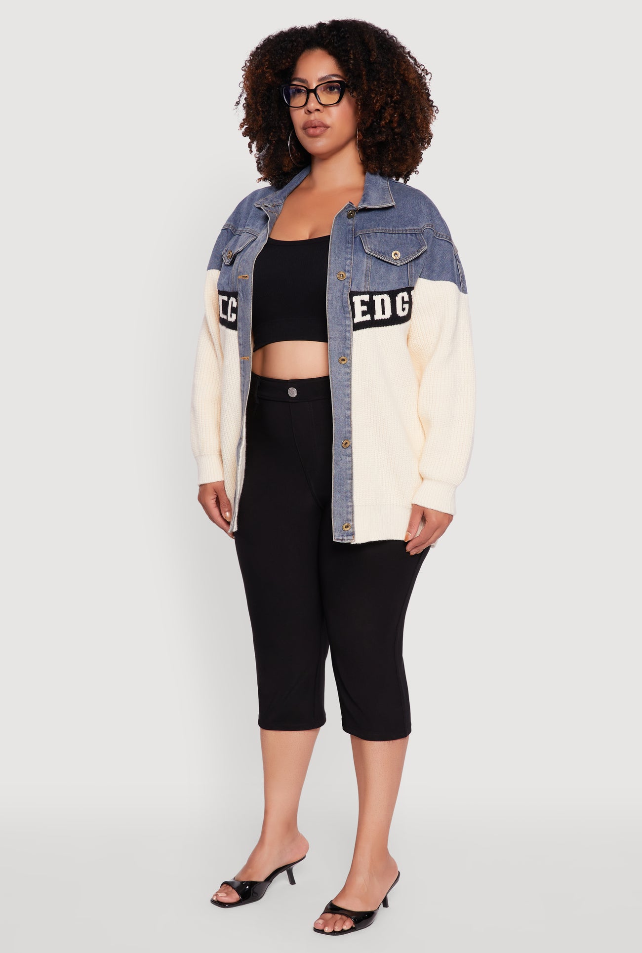 Plus Size Color Block Chic Graphic Knit Denim Jacket