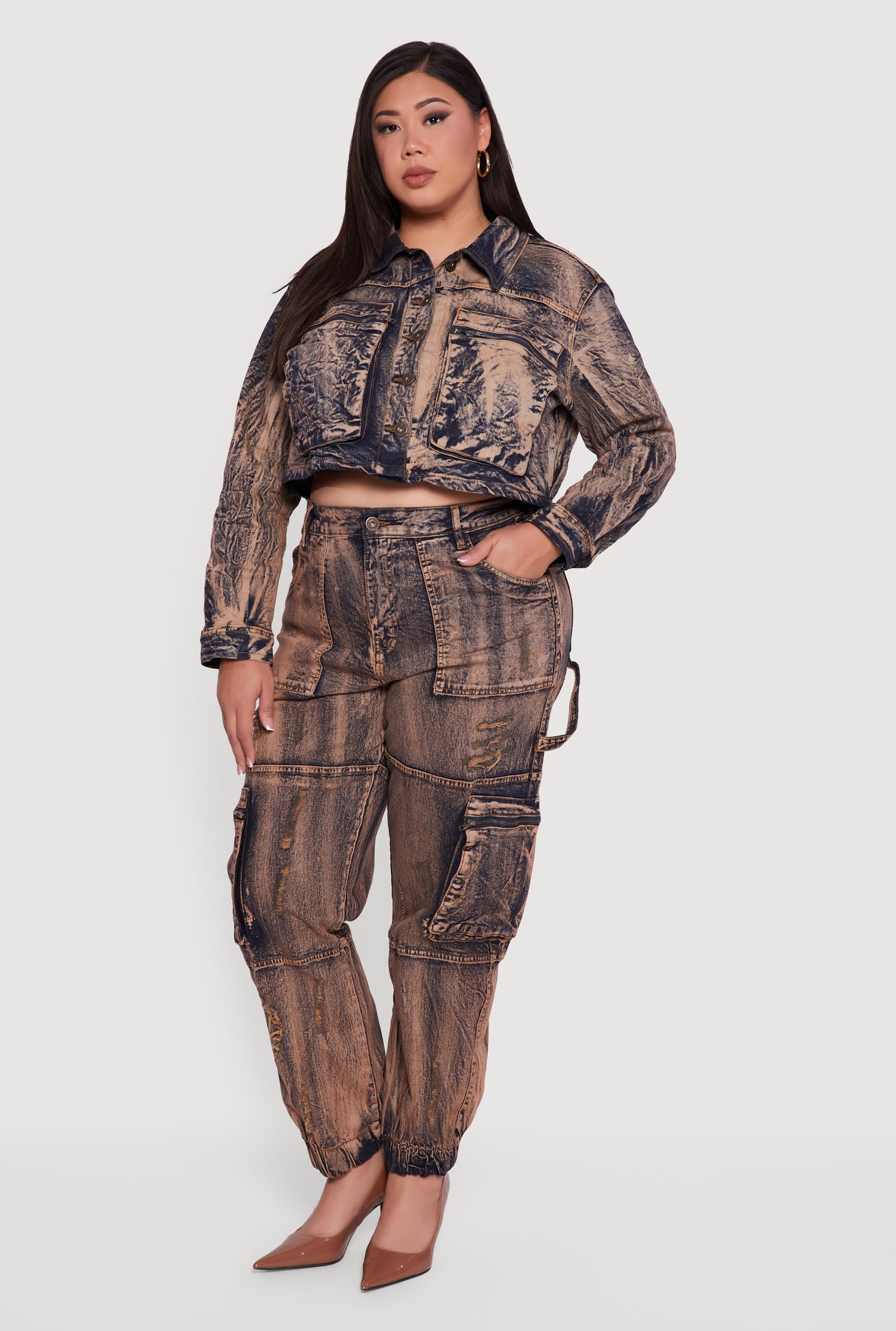 Plus Size Acid Wash Distressed Denim Cargo Joggers