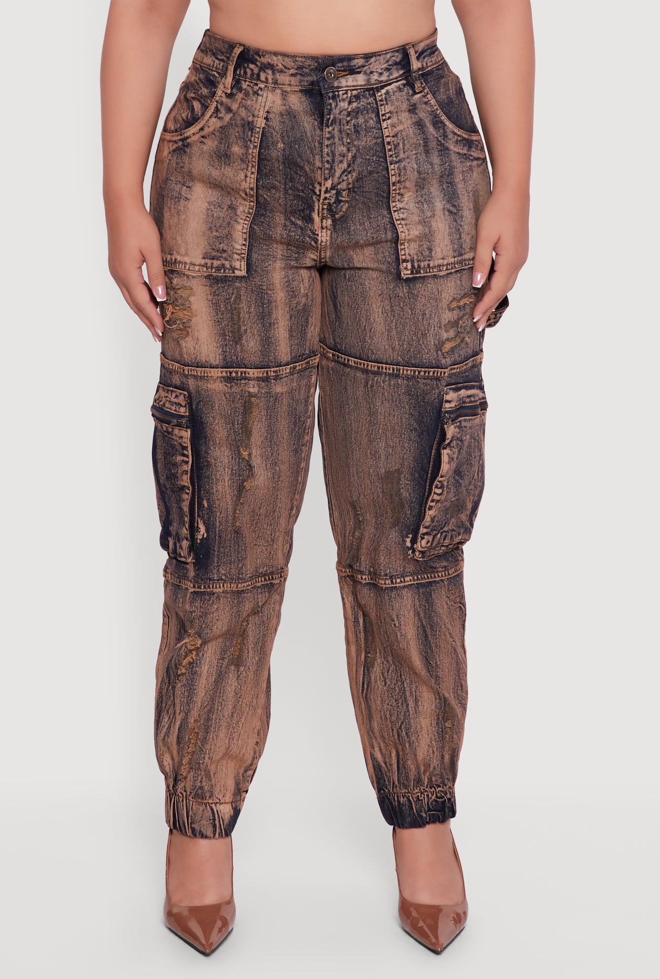 Plus Size Acid Wash Distressed Denim Cargo Joggers