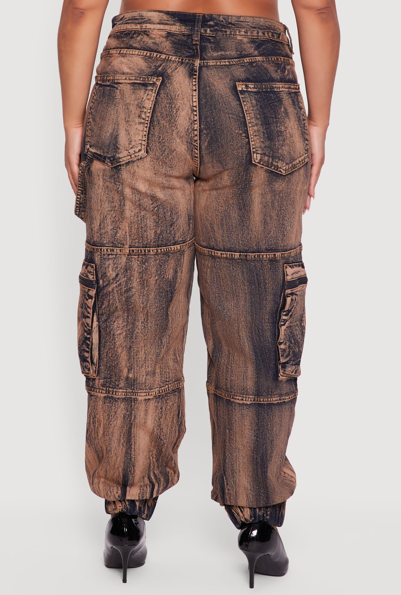 Plus Size Acid Wash Distressed Denim Cargo Joggers