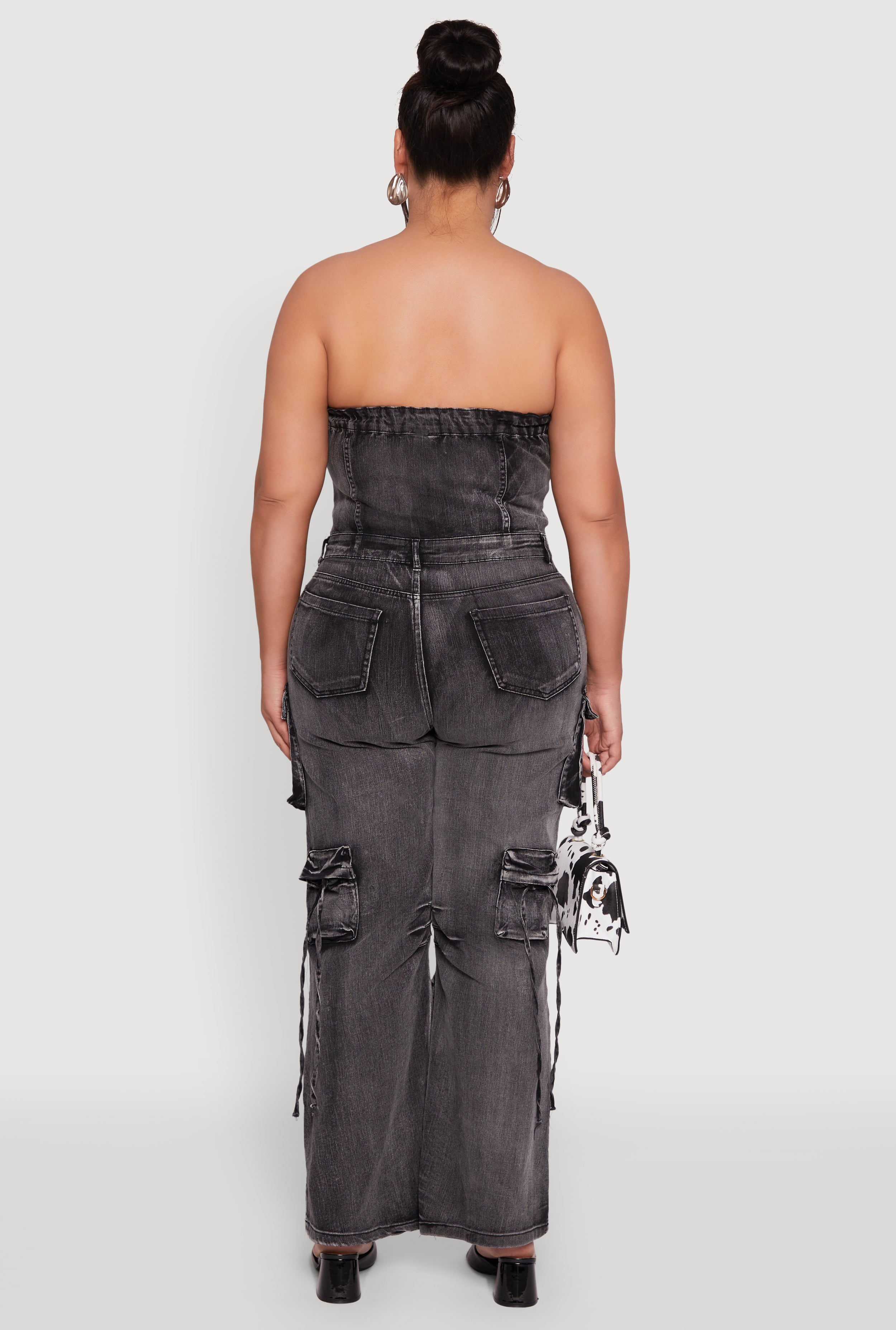 Plus Size Daisy Acid Wash Denim Strapless Jumpsuit