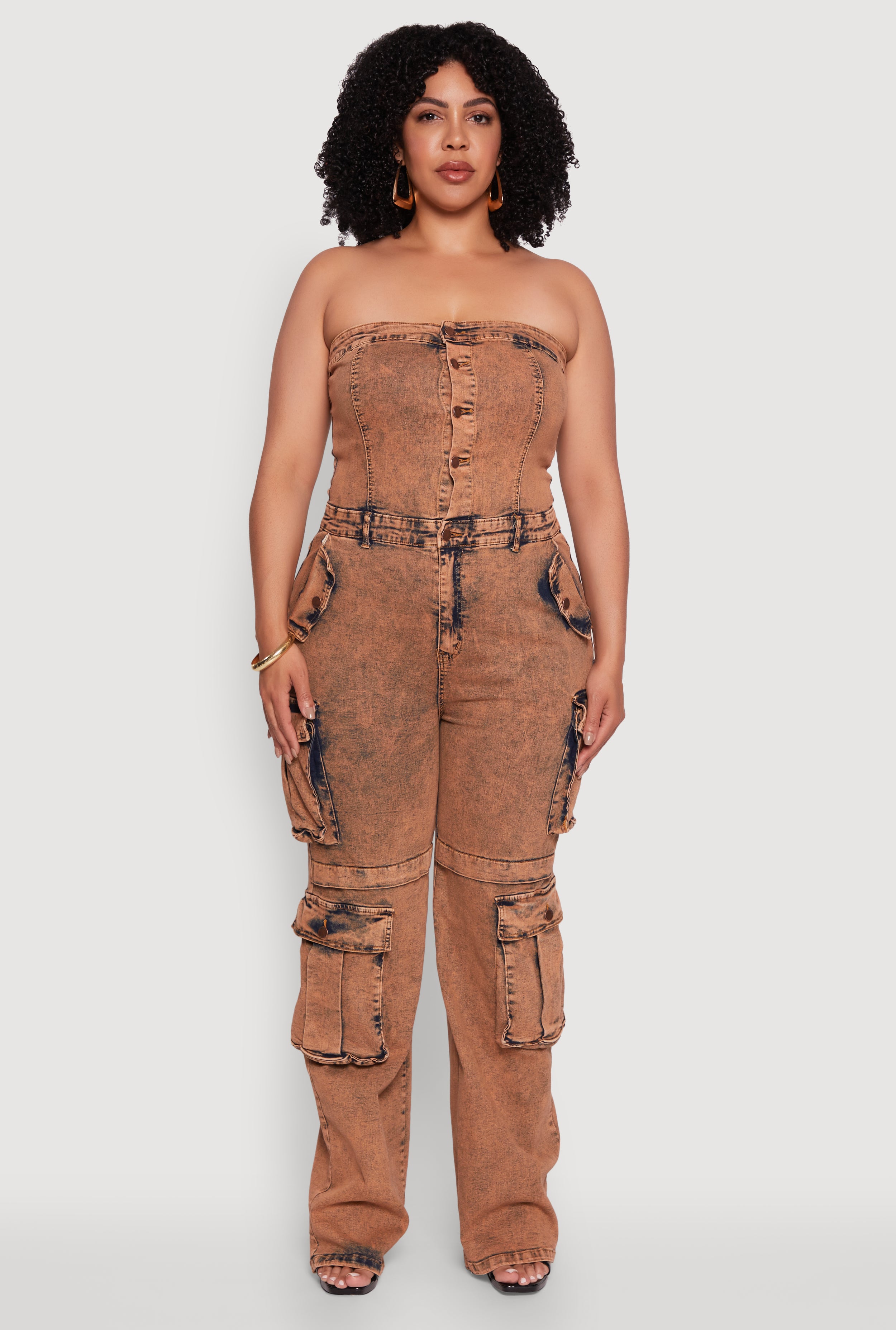 Plus Size Daisy Acid Wash Denim Tube Utility Jumpsuit