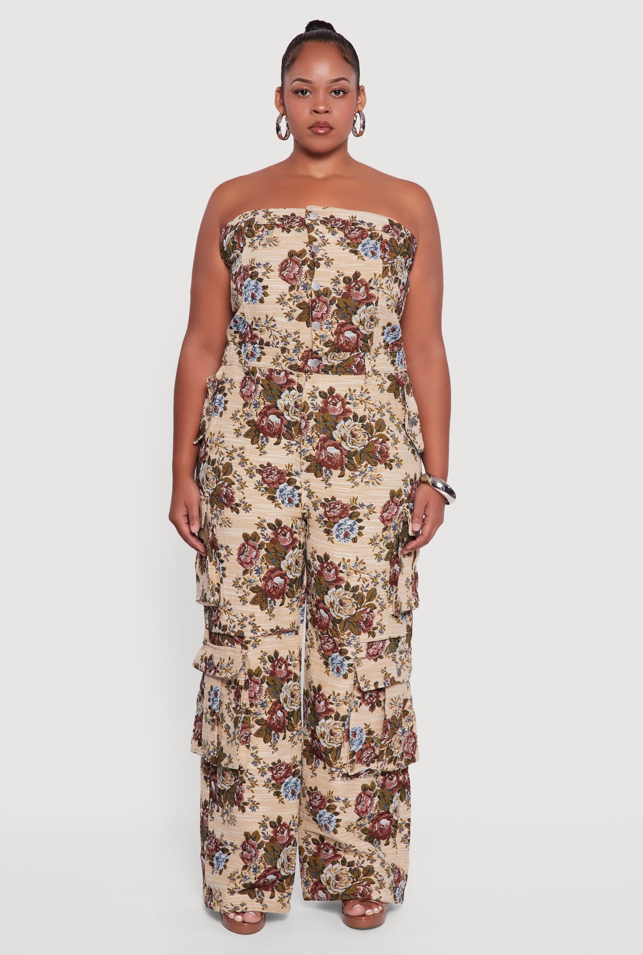 Plus Size Floral Jacquard Strapless Utility Jumpsuit