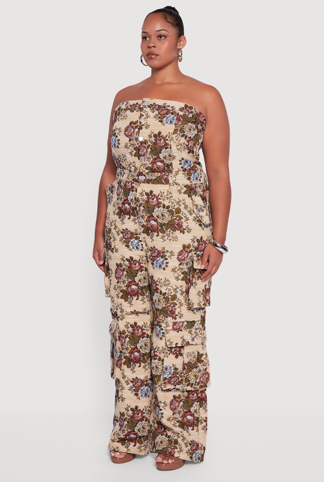 Plus Size Floral Jacquard Strapless Utility Jumpsuit