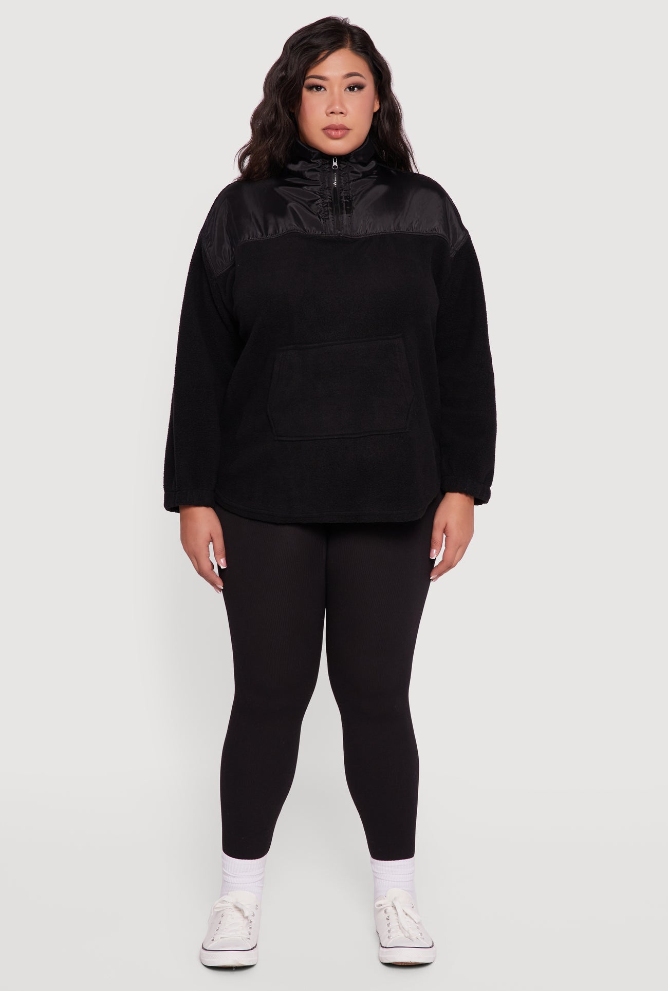 Plus Size Sherpa Pullover Sweatshirt with Kangaroo Pocket