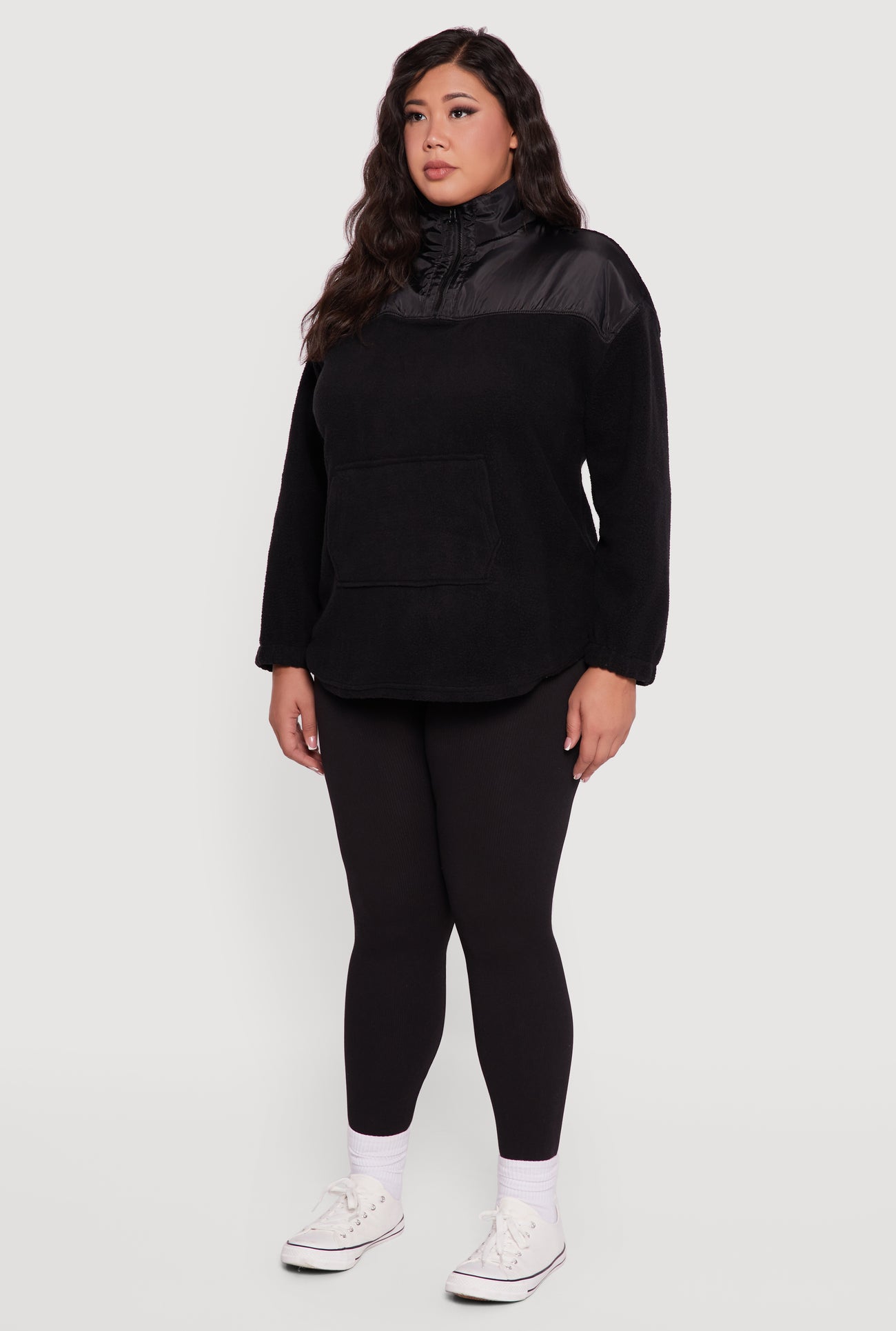 Plus Size Sherpa Pullover Sweatshirt with Kangaroo Pocket