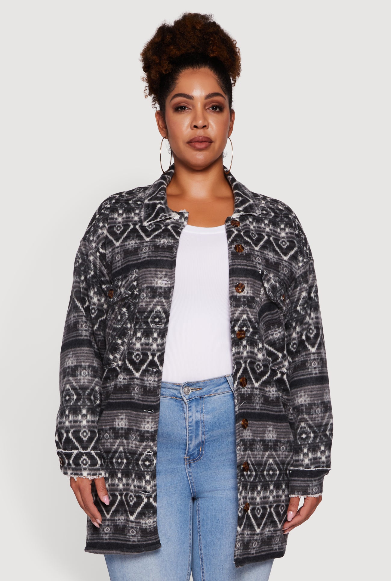Plus Size Fair Isle Print Sherpa Lined Fleece Shacket