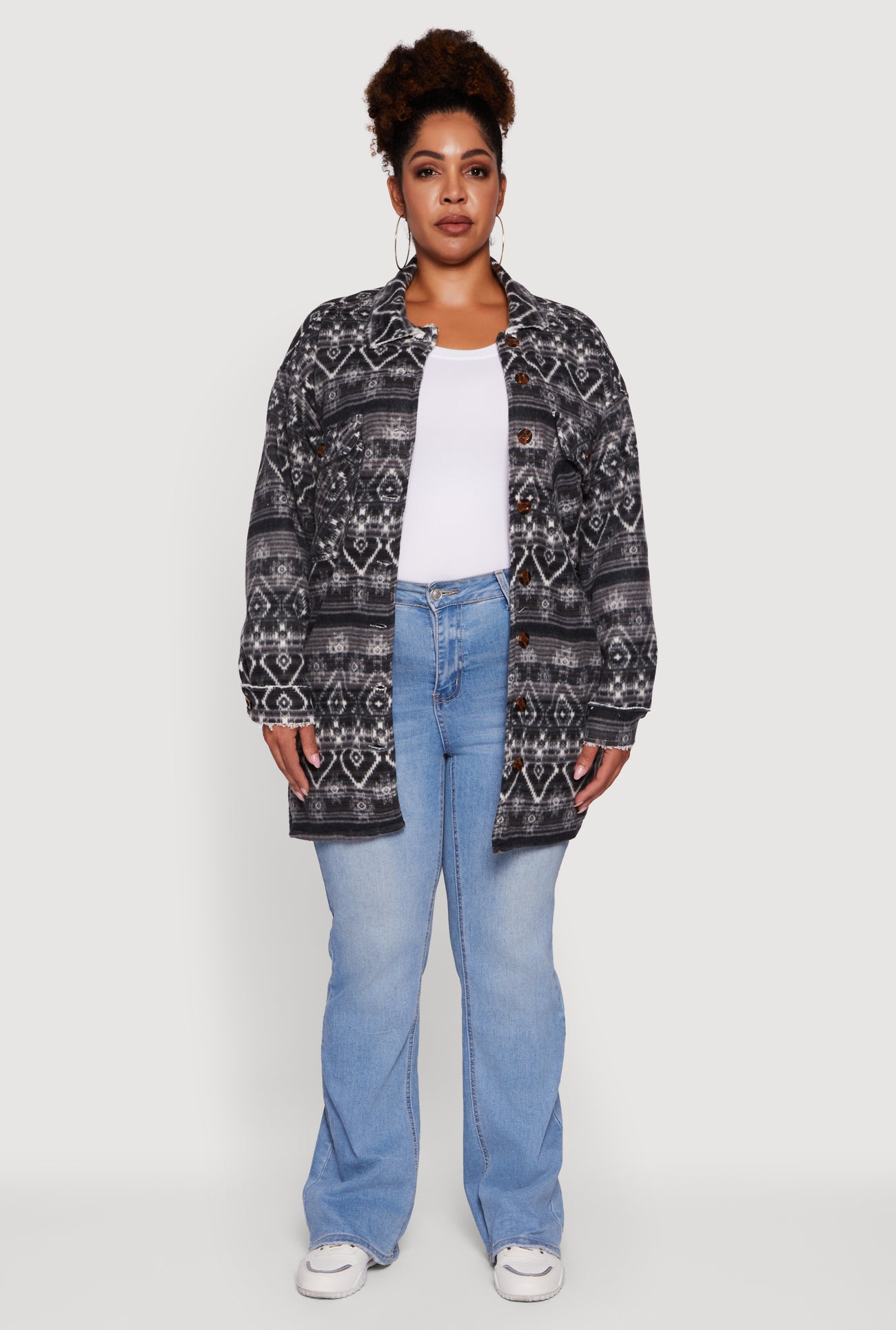 Plus Size Fair Isle Print Sherpa Lined Fleece Shacket