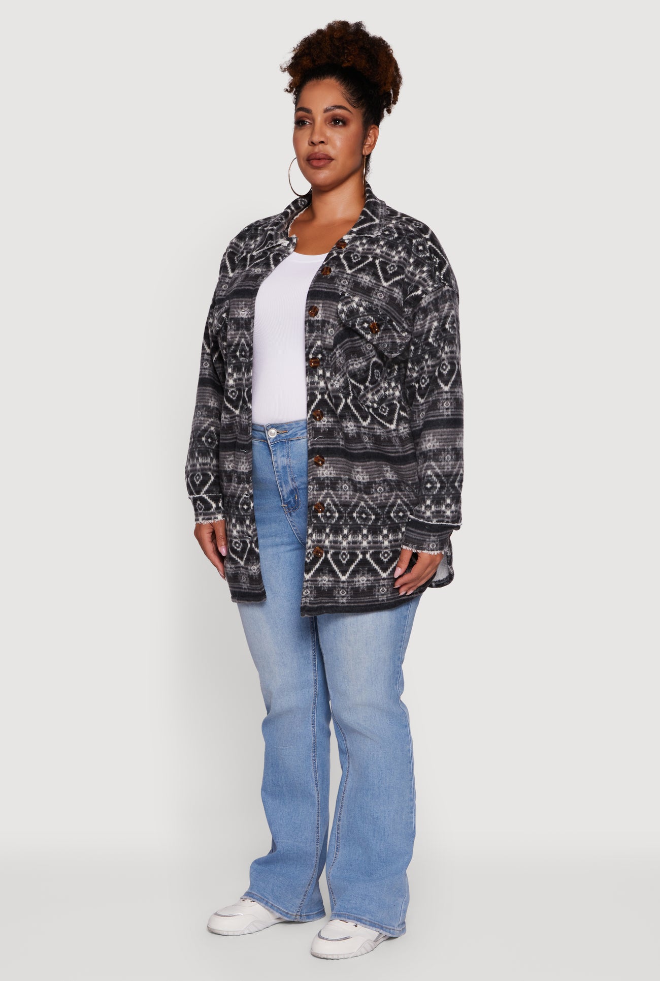 Plus Size Fair Isle Print Sherpa Lined Fleece Shacket