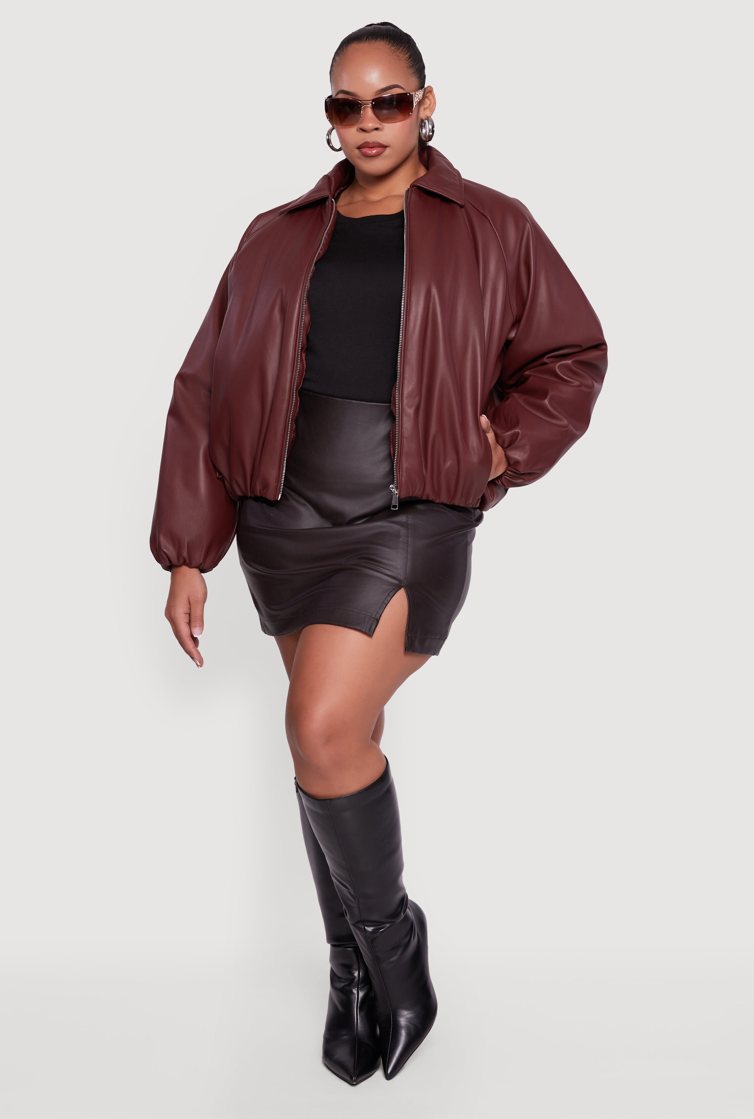 Plus Size Faux Leather Zip Front Bubble Hem Jacket