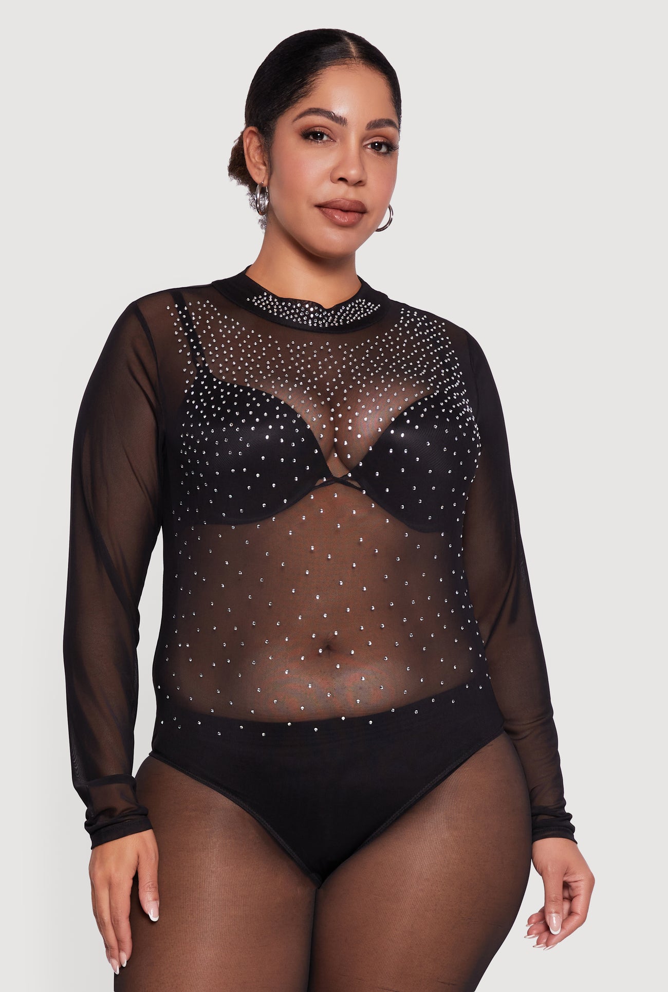 Plus Size Rhinestone Graphic Long Sleeve Mesh Bodysuit