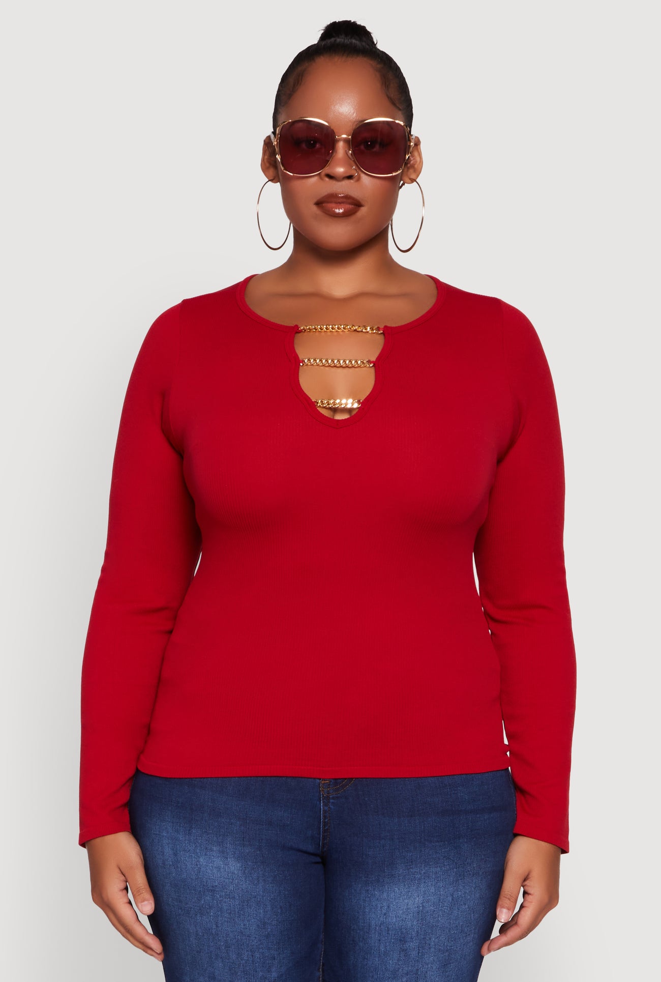 Plus Size Rib Knit Metallic Chain Keyhole Neckline Top