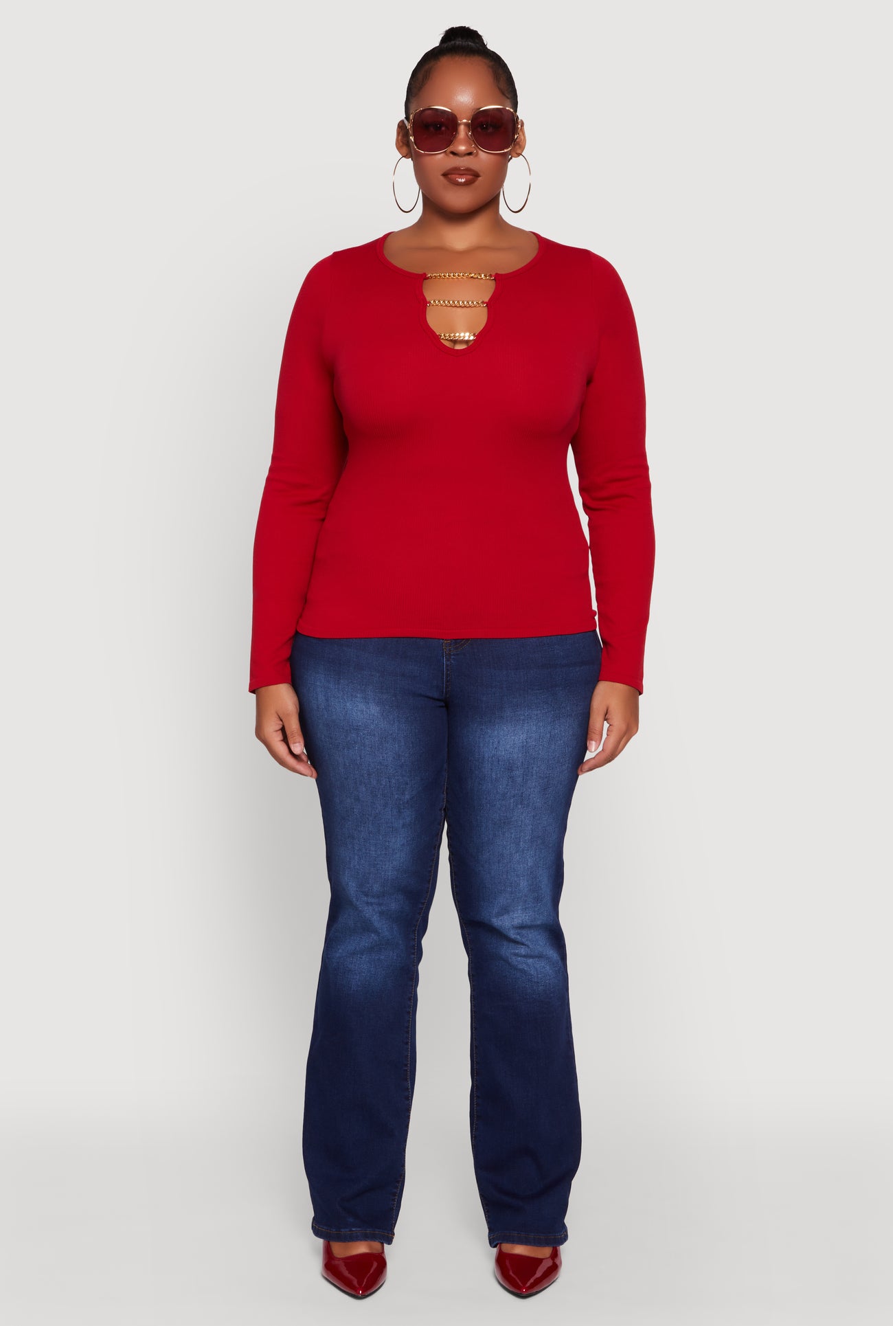 Plus Size Rib Knit Metallic Chain Keyhole Neckline Top