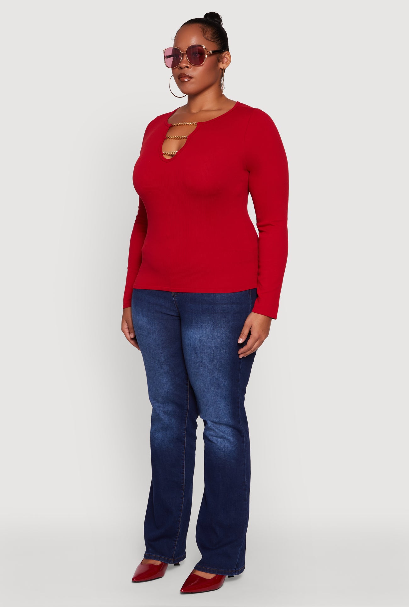 Plus Size Rib Knit Metallic Chain Keyhole Neckline Top