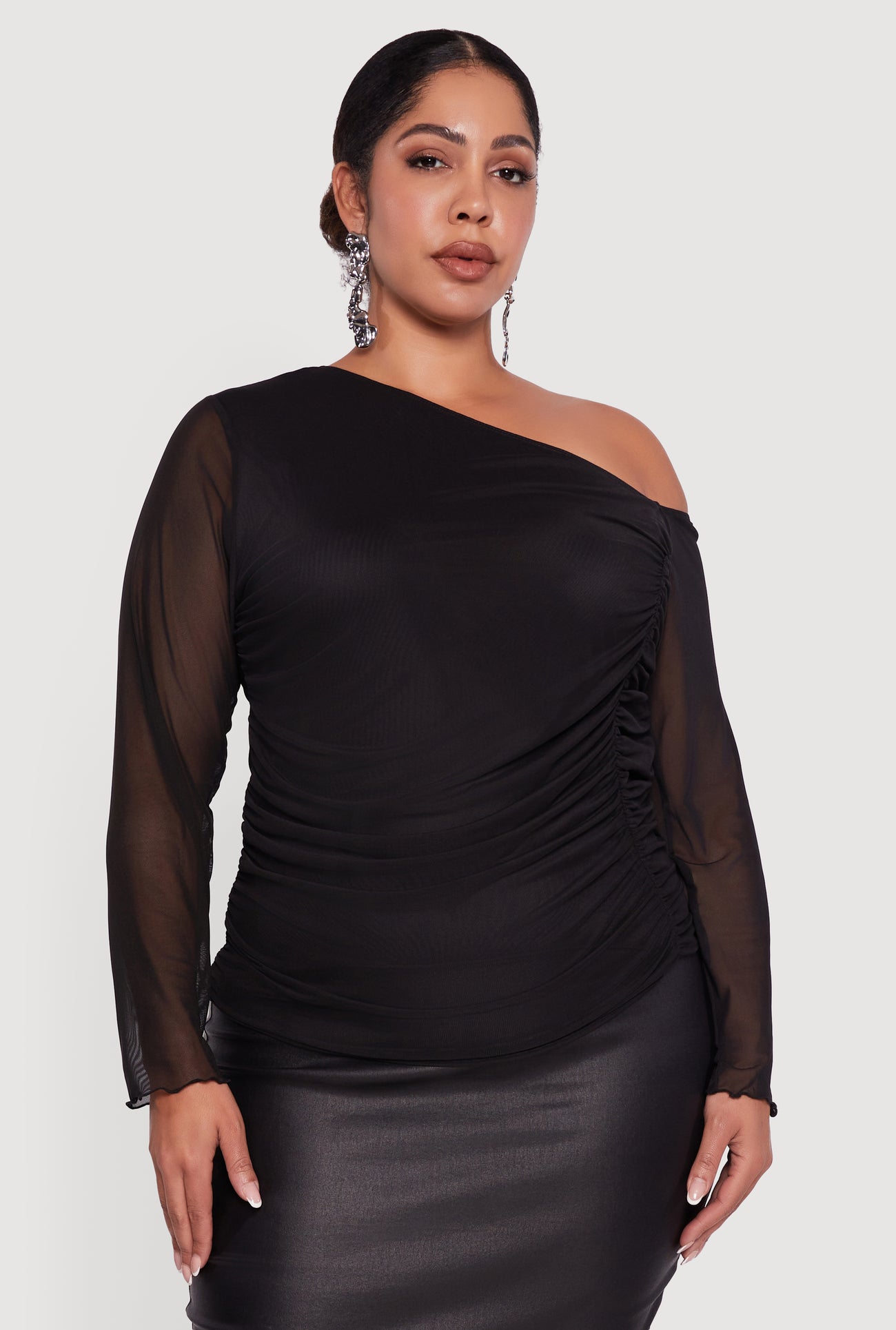 Plus Size One Shoulder Long Sleeve Mesh Blouse