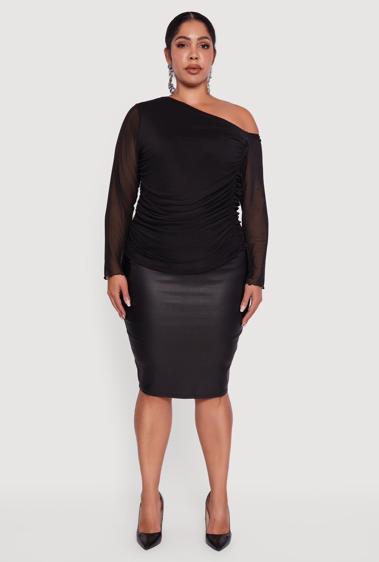 Plus Size One Shoulder Long Sleeve Mesh Blouse