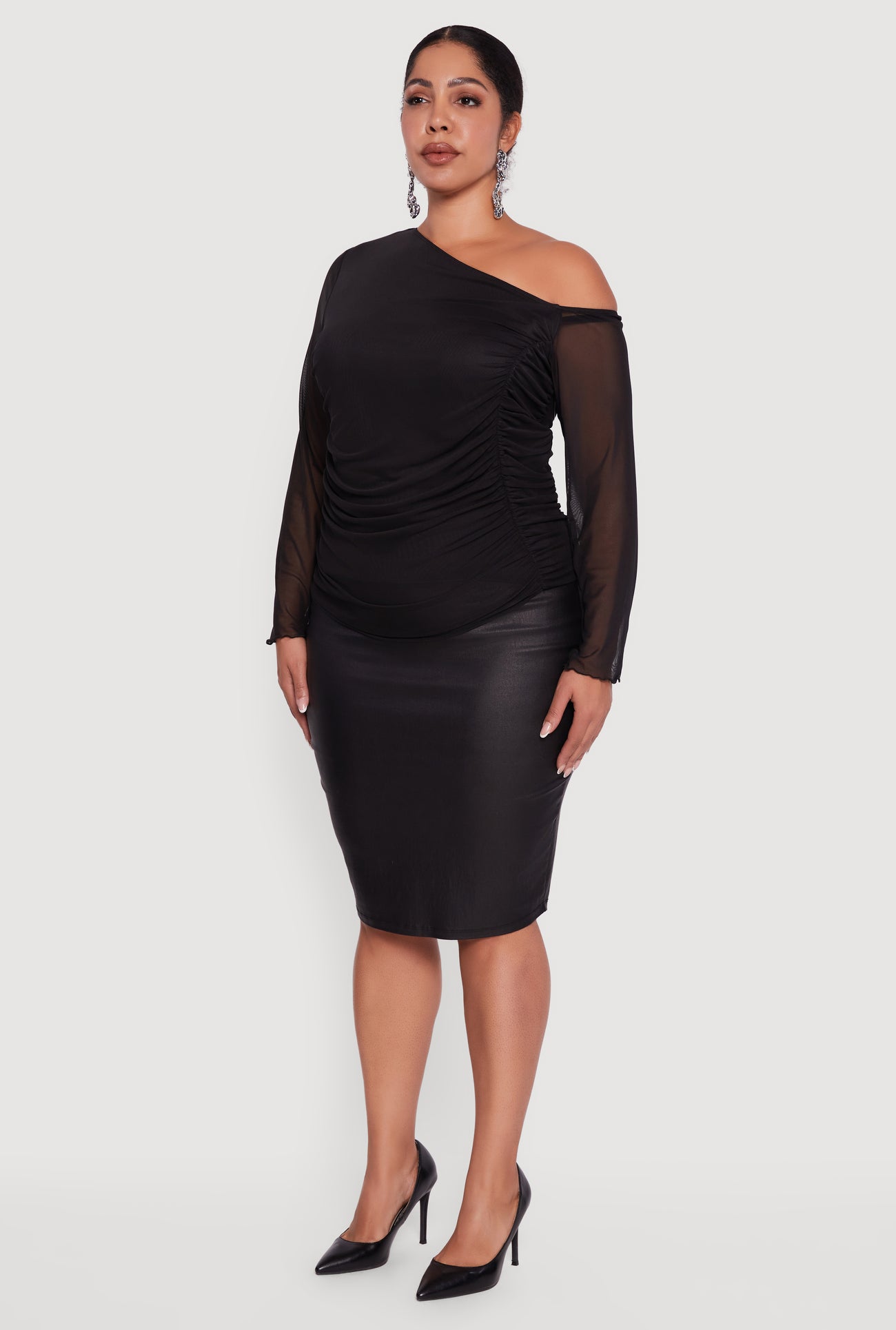 Plus Size One Shoulder Long Sleeve Mesh Blouse