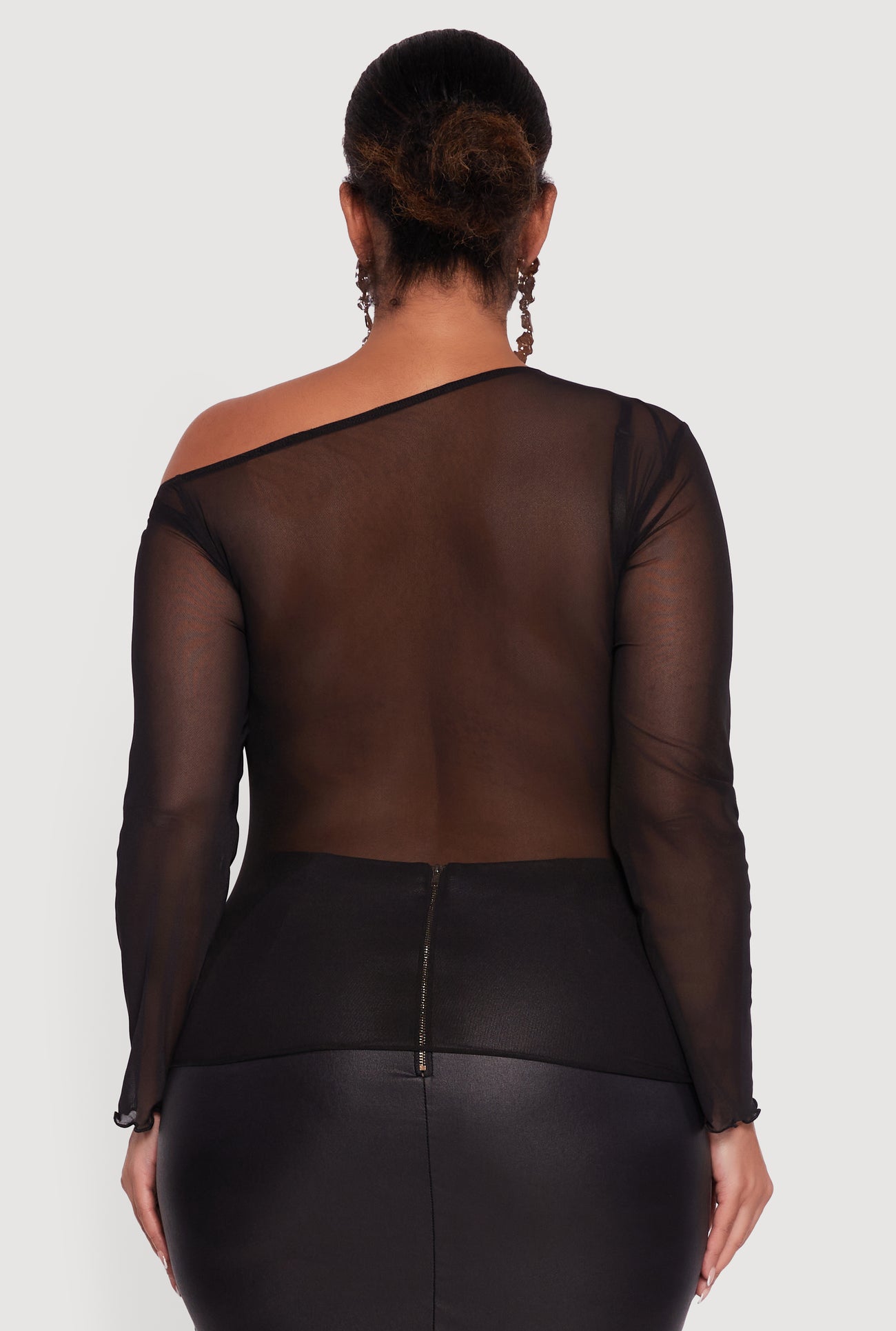 Plus Size One Shoulder Long Sleeve Mesh Blouse