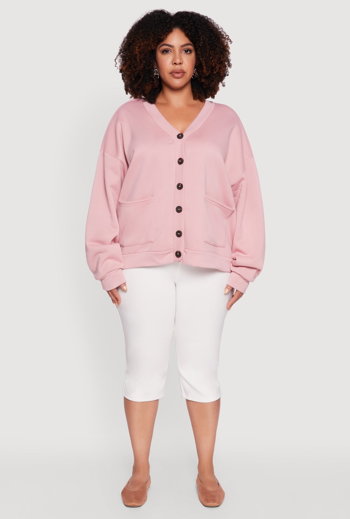 Plus Size Oversized Fleece Lined Button Front Cardigan