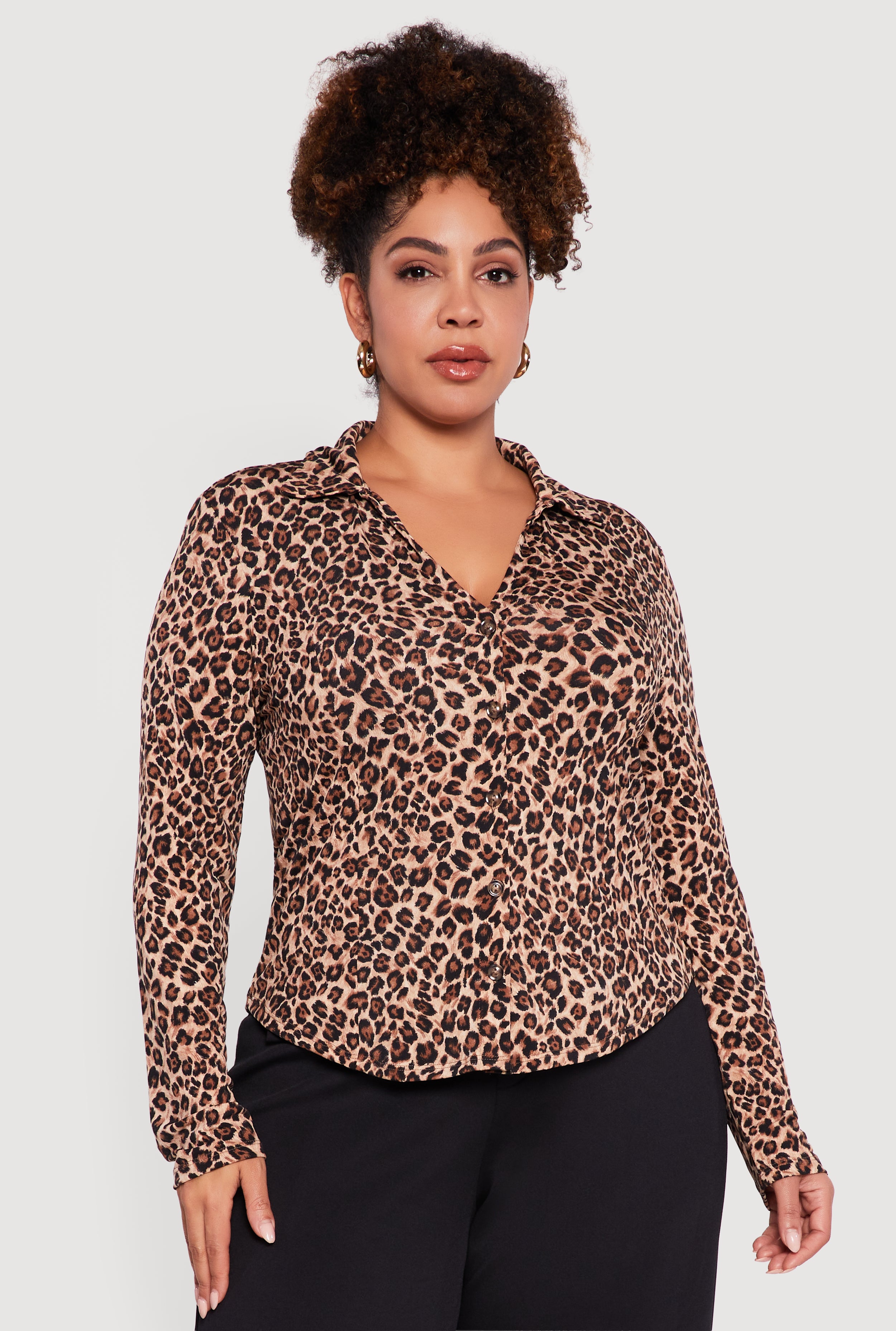 Plus Size Leopard Print Long Sleeve Button Front Shirt