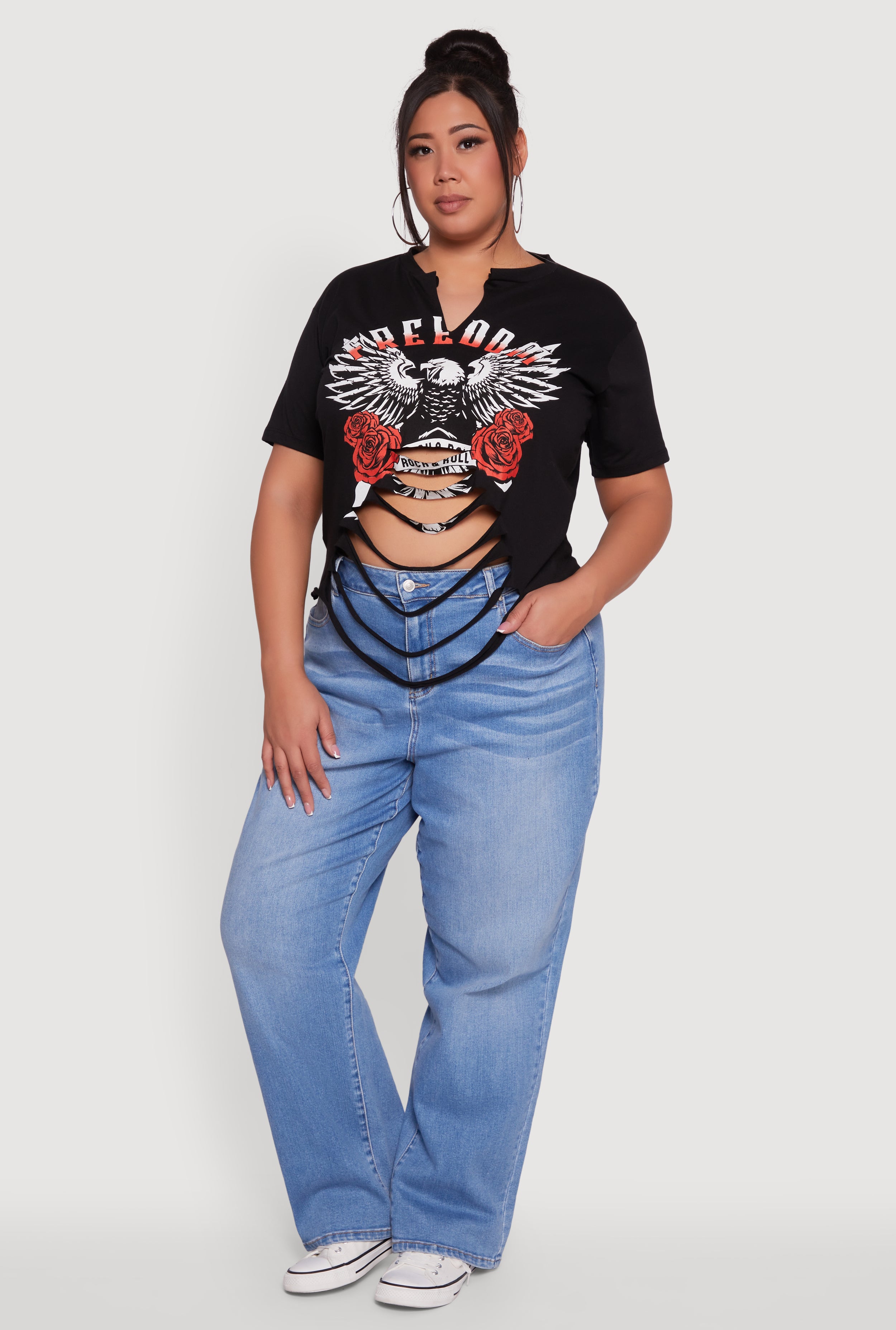 Plus Size Freedom Rock and Roll Slashed Graphic T-Shirt