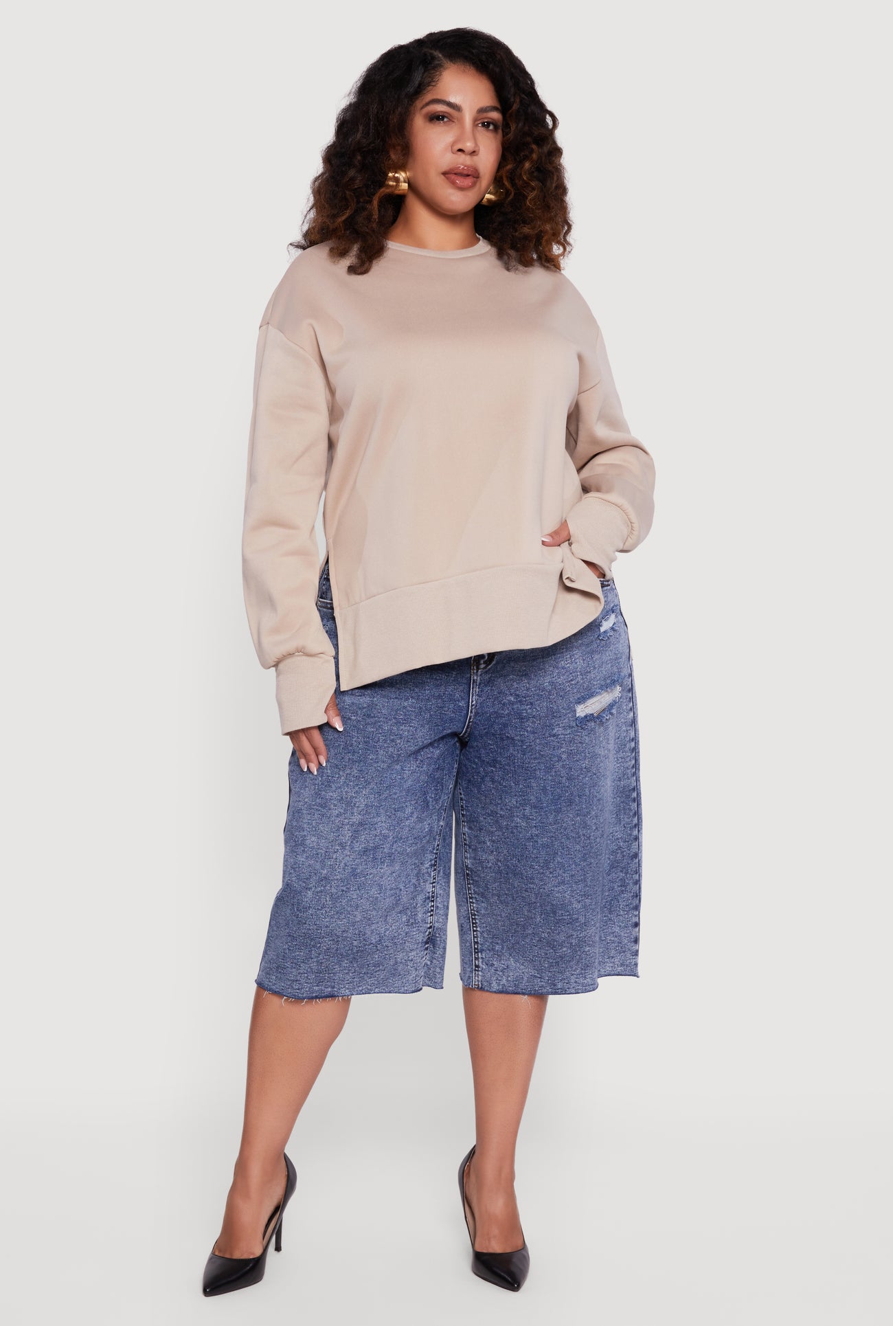 Plus Size Thumb Hole Detail Side Slit Oversized Sweatshirt