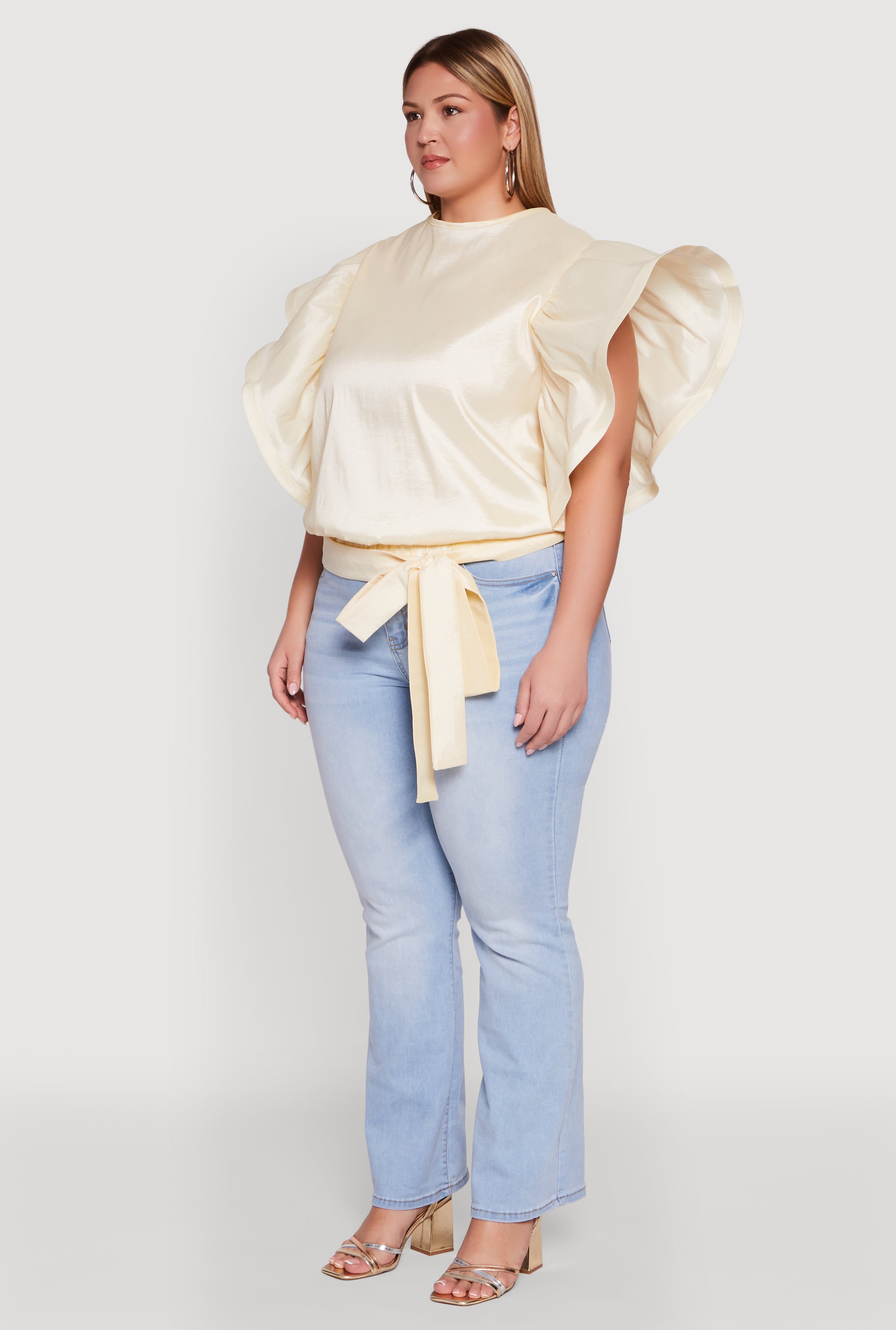 Plus Size Flutter Sleeve Blouse with Tie Waist Belt