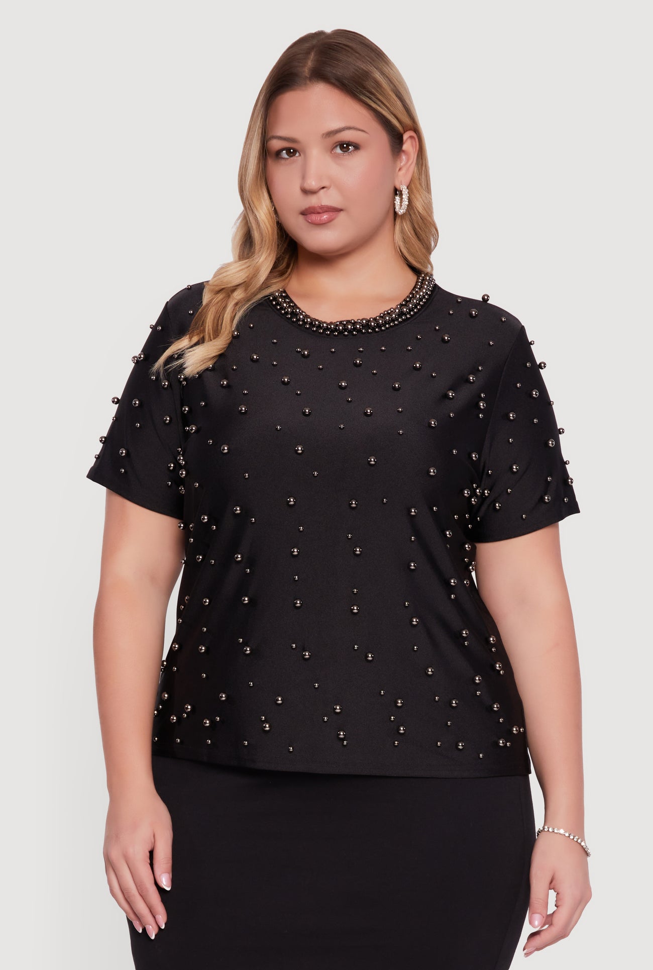Plus Size Faux Pearl Studded Short Sleeve Blouse
